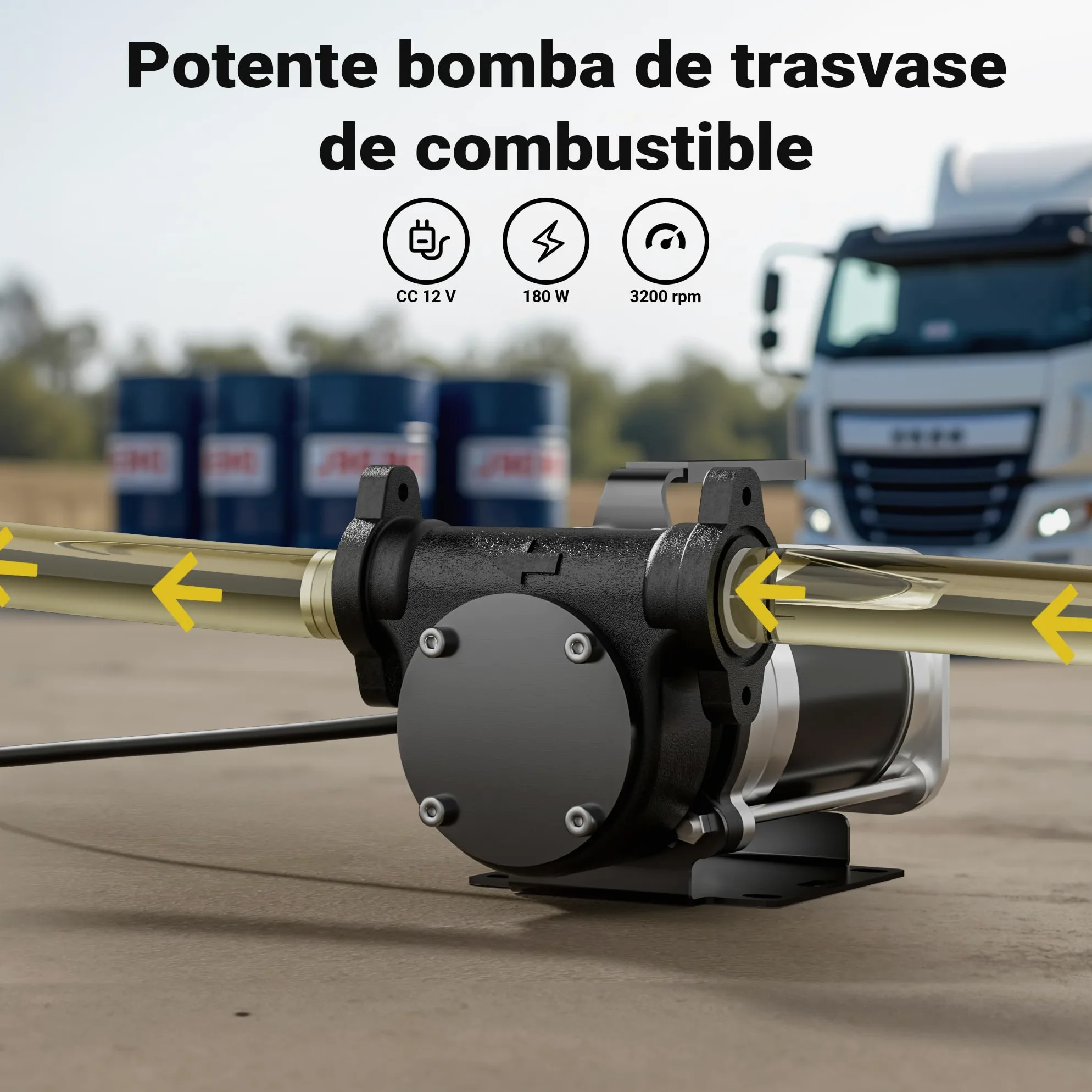 Wiltec Bomba de trasvase gasolina y diésel 12 V, 180 W caudal 57 l/min portátil cable con clips de batería altura máx. 12 m aspiración máx. 2 m autocebante ideal para trasvase desde barriles