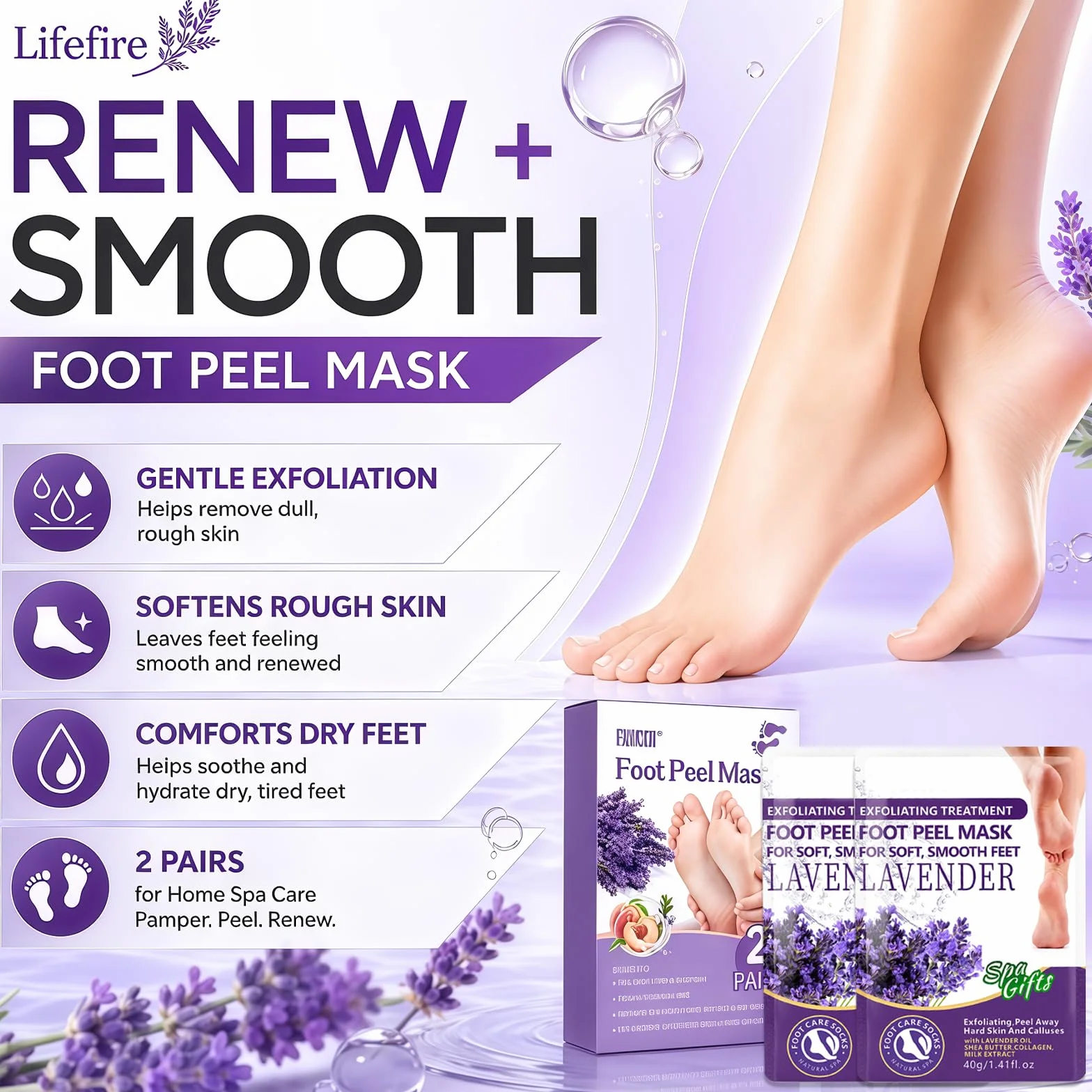 Calcetines Exfoliantes de Pies, Foot Peeling Mask, Hidratantes para Pies Secos Agrietados (Lavanda)