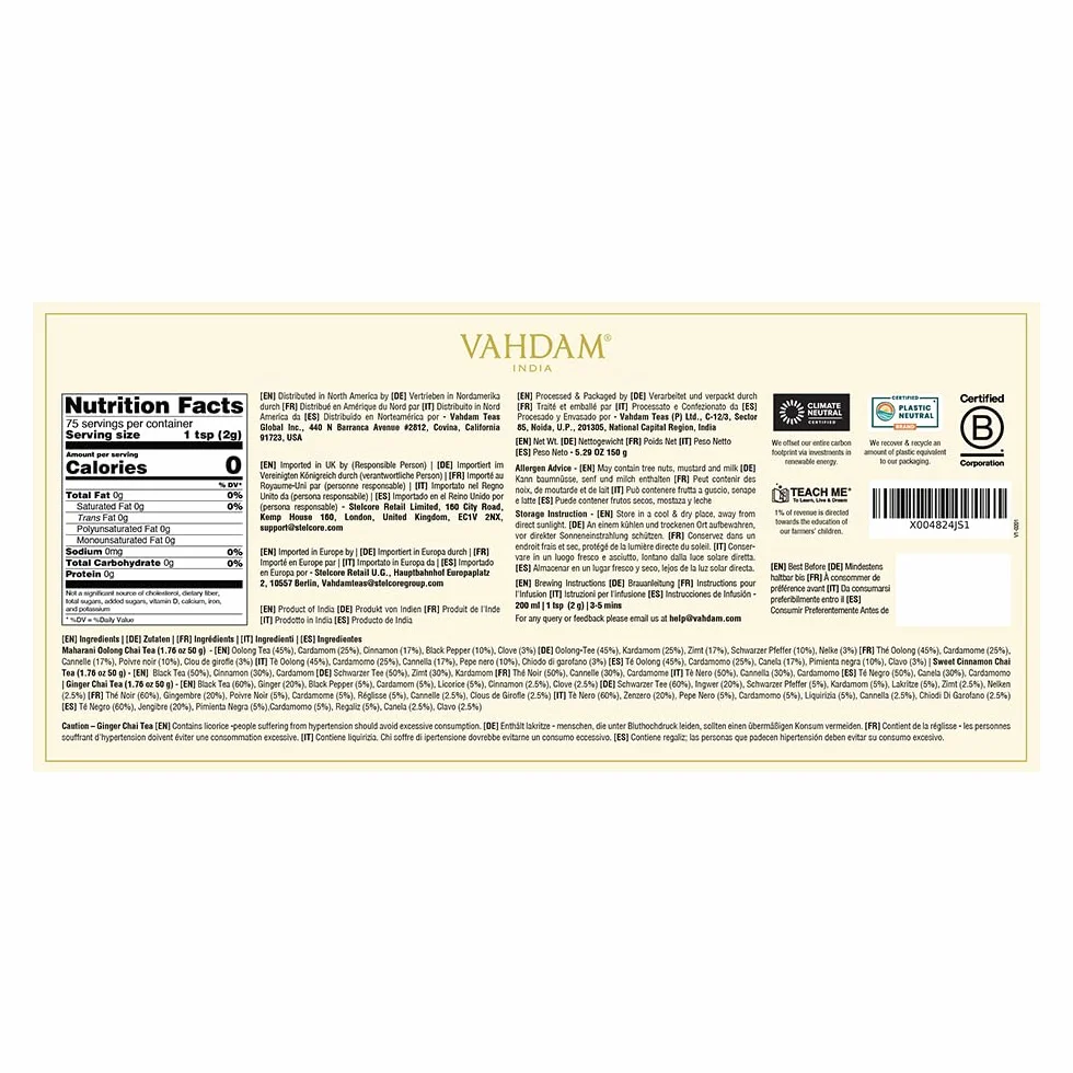 VAHDAM Juego De Regalo De Té Chai 3 Variedades Surtido De Té Suelto 100% Puro Sin Gluten Sin OGM Caja De Regalo