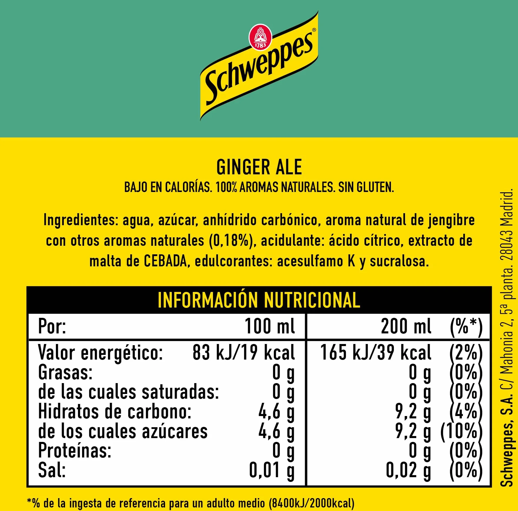 Schweppes Ginger Ale Bebida Jengibre Refrescante Botella PET Pack 12 x 1 L