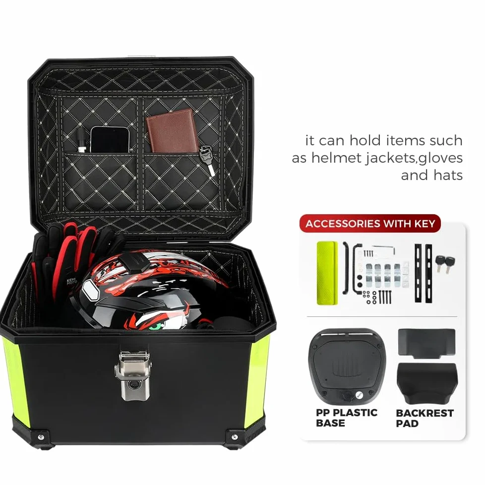 Genérico Top Case Moto Universal, Baúl de Moto Impermeable 45L / 57L, Caja Trasera de ABS Engrosado con Cerradura de Seguridad y Base de Montaje para Cascos, Equipaje Moto y Scooter (45L)