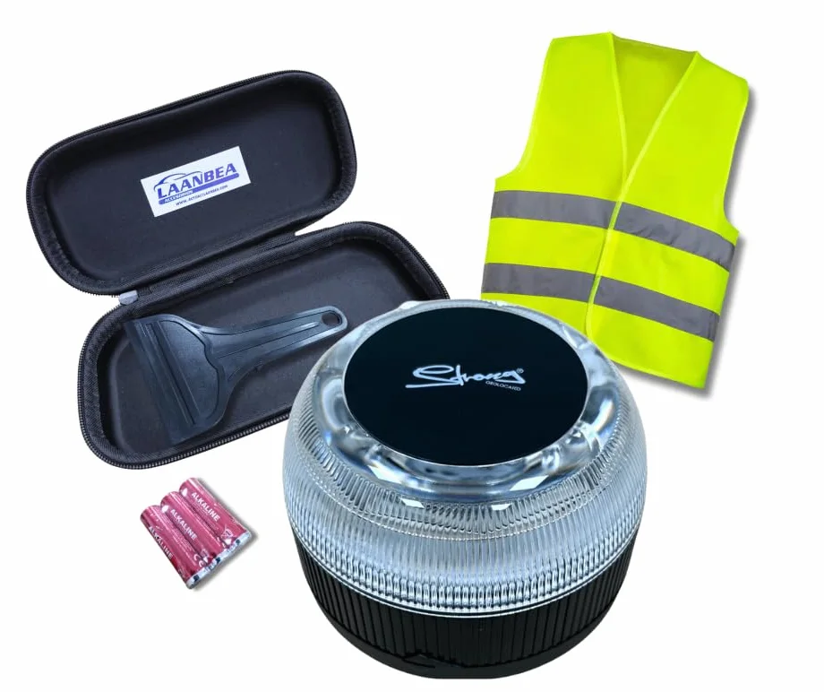 Kit de Emergencia Coche V16 Conectada DGT Geolocalizable Baliza Luz Homologado Chaleco Reflectante Rasqueta Quita Hielo Estuche