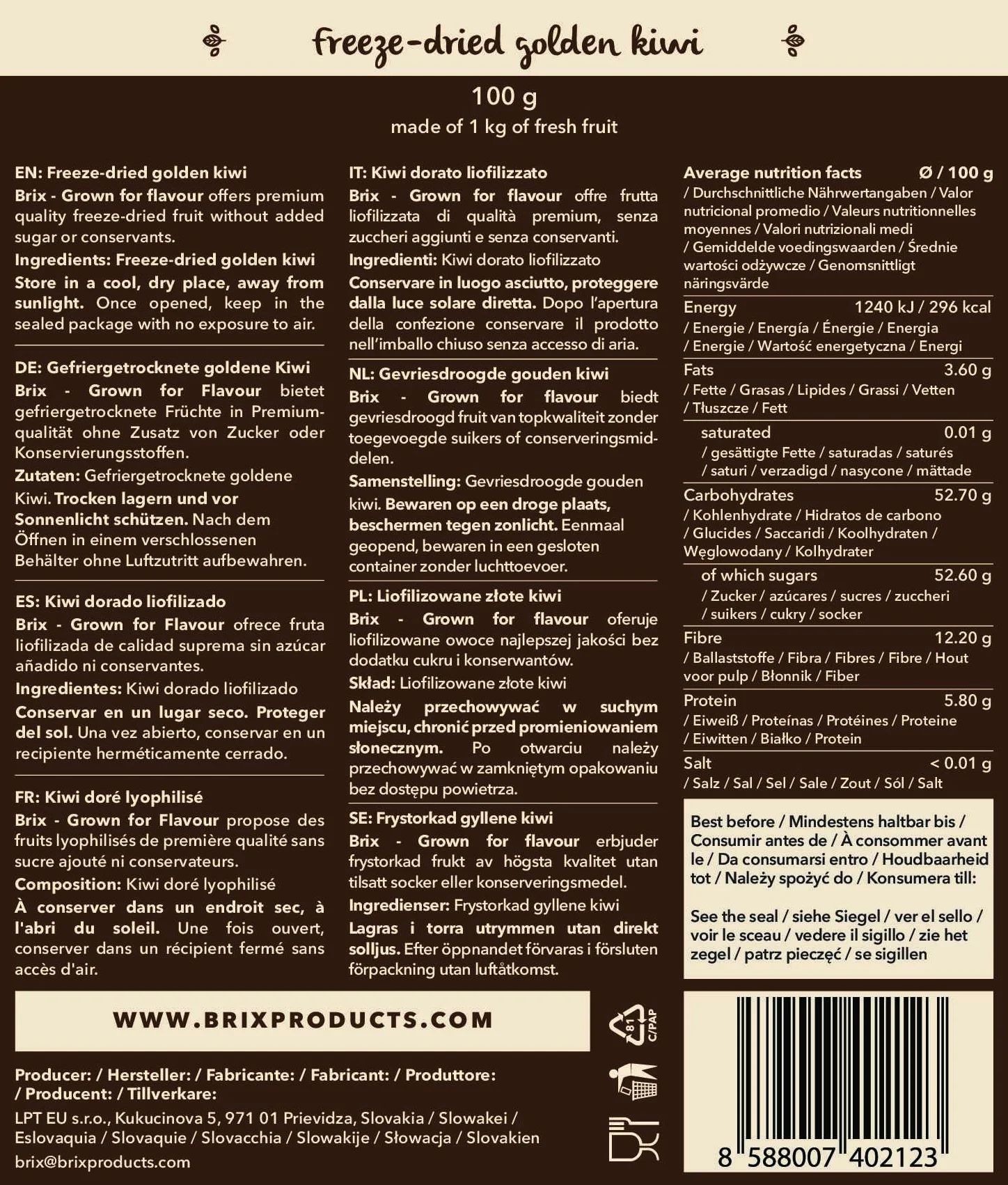 BRIX Kiwi Liofilizado 100g 100% Natural Sin Gluten Vegano