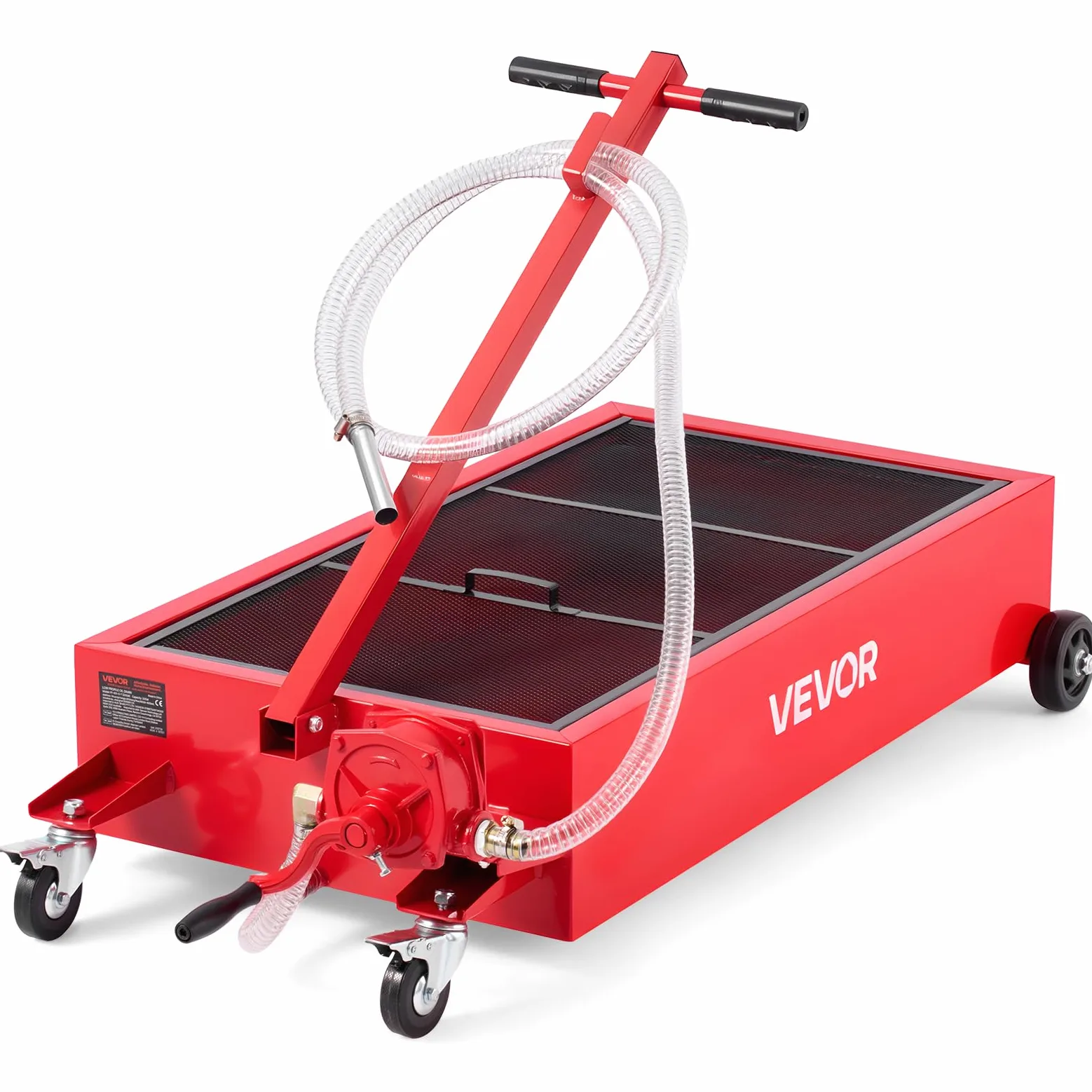 VEVOR Bandeja de Drenaje de Aceite de Perfil Bajo, Capacidad 75,7 L, con Ruedas y Bomba Manual, Manguera de 2,2 m y Asa Plegable en T, Resistente a la Corrosión, para Coches, SUV, Camiones, Rojo