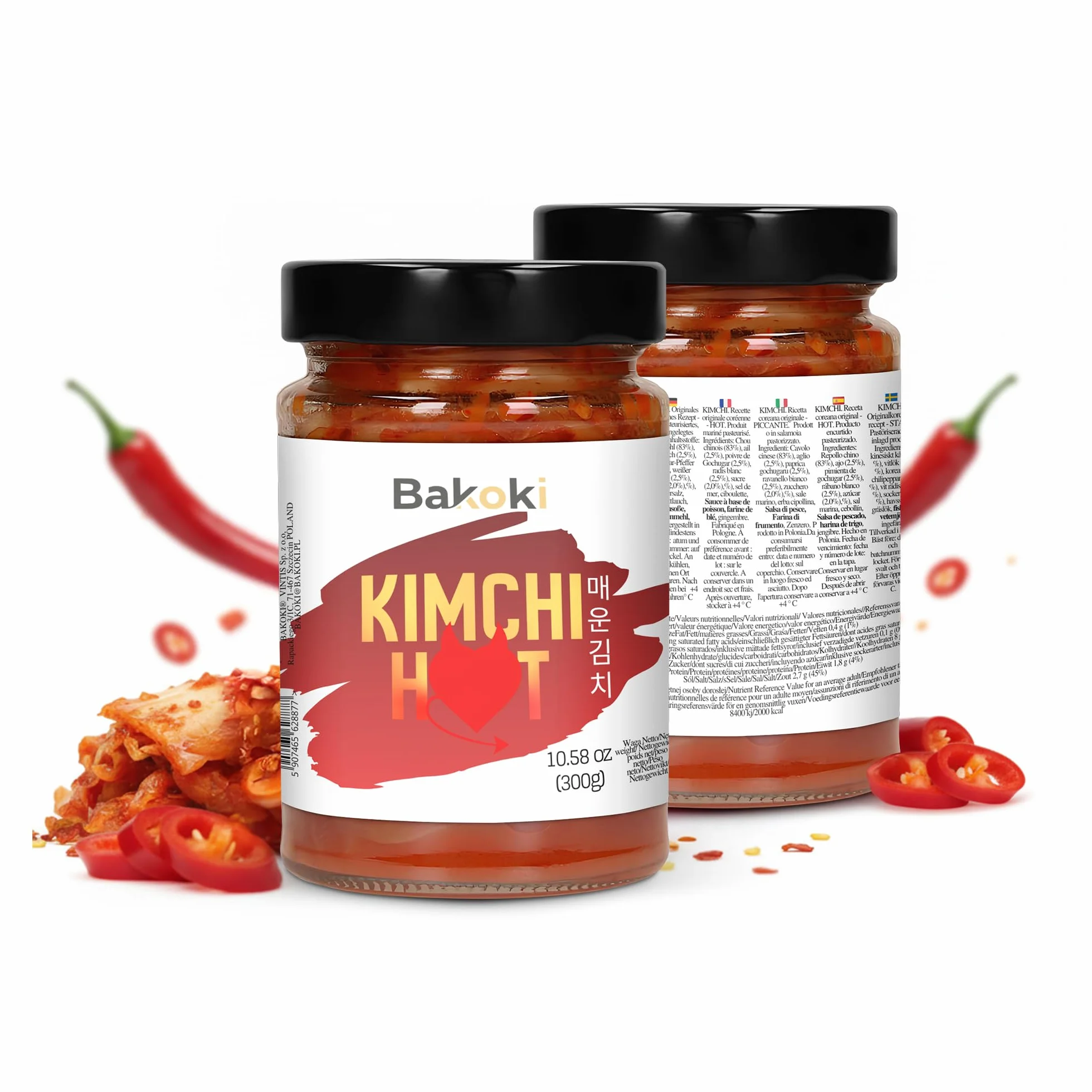 Bakoki Premium 매운 김치 Hot‑Kimchi (Gochugaru) – kimchi coreano picante de repollo napa fermentado probiótico umami 2 × 300 g