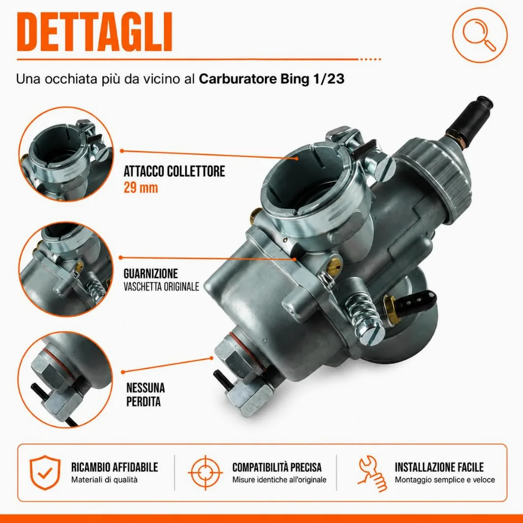Carburador 23 para motoazada de 2 tiempos – Compatible con motor Jlo 197 Beta B 205 – 210 – Conexión colector 29 mm – Conexión filtro aire 35,75 mm