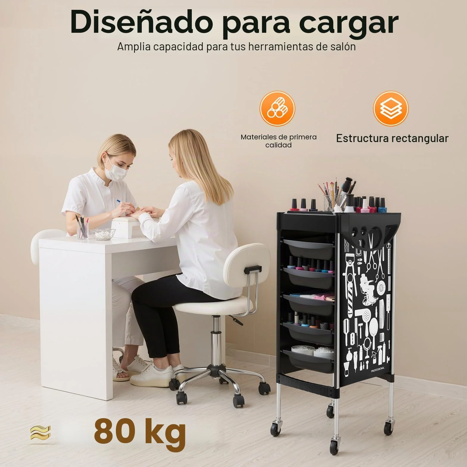 Carrito de salón 5 cajones con ruedas para estilista peluquería spa 20 kg negro