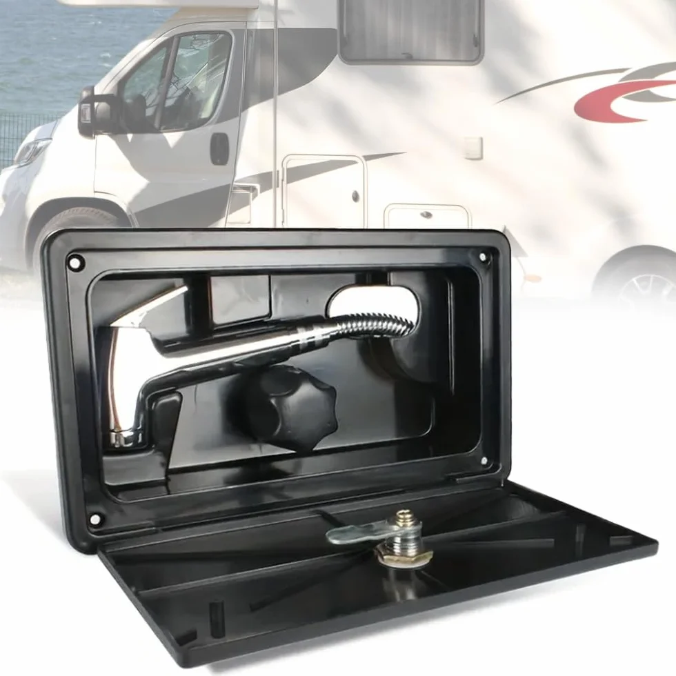 Kit de caja de ducha exterior para caravana, funda de grifo de ducha exterior con cerradura y llave para RV, autocaravanas, quinta rueda, cámper, remolque (negro)