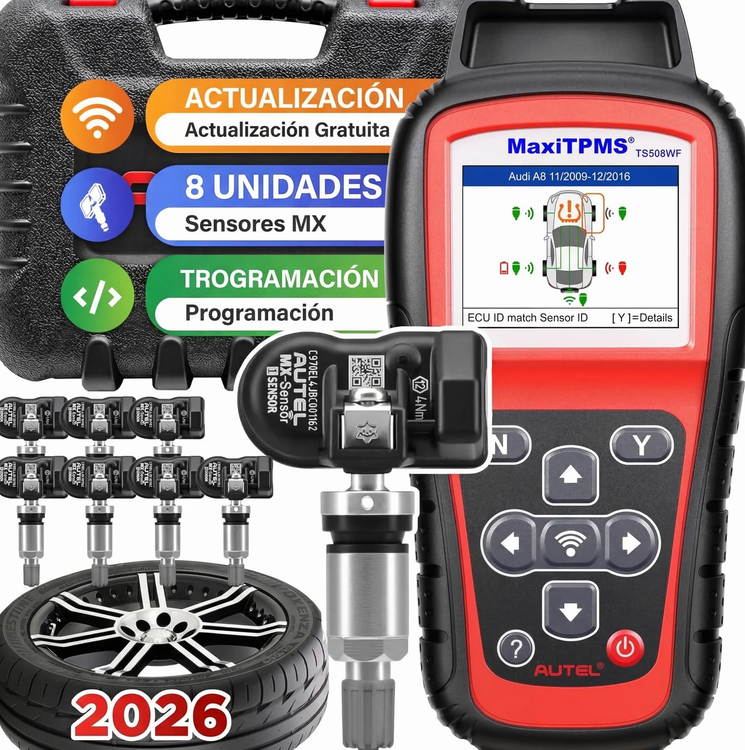 Autel MaxiTPMS TS508WF Herramienta de Programación TPMS, con 8PCS MX-Sensor(240€) WiFi Ver. TS508 TS501 Pro TS408S TS401 Herramienta de Reaprendizaje TPMS, Reiniciar/Reaprender/Activar Todos Sensores