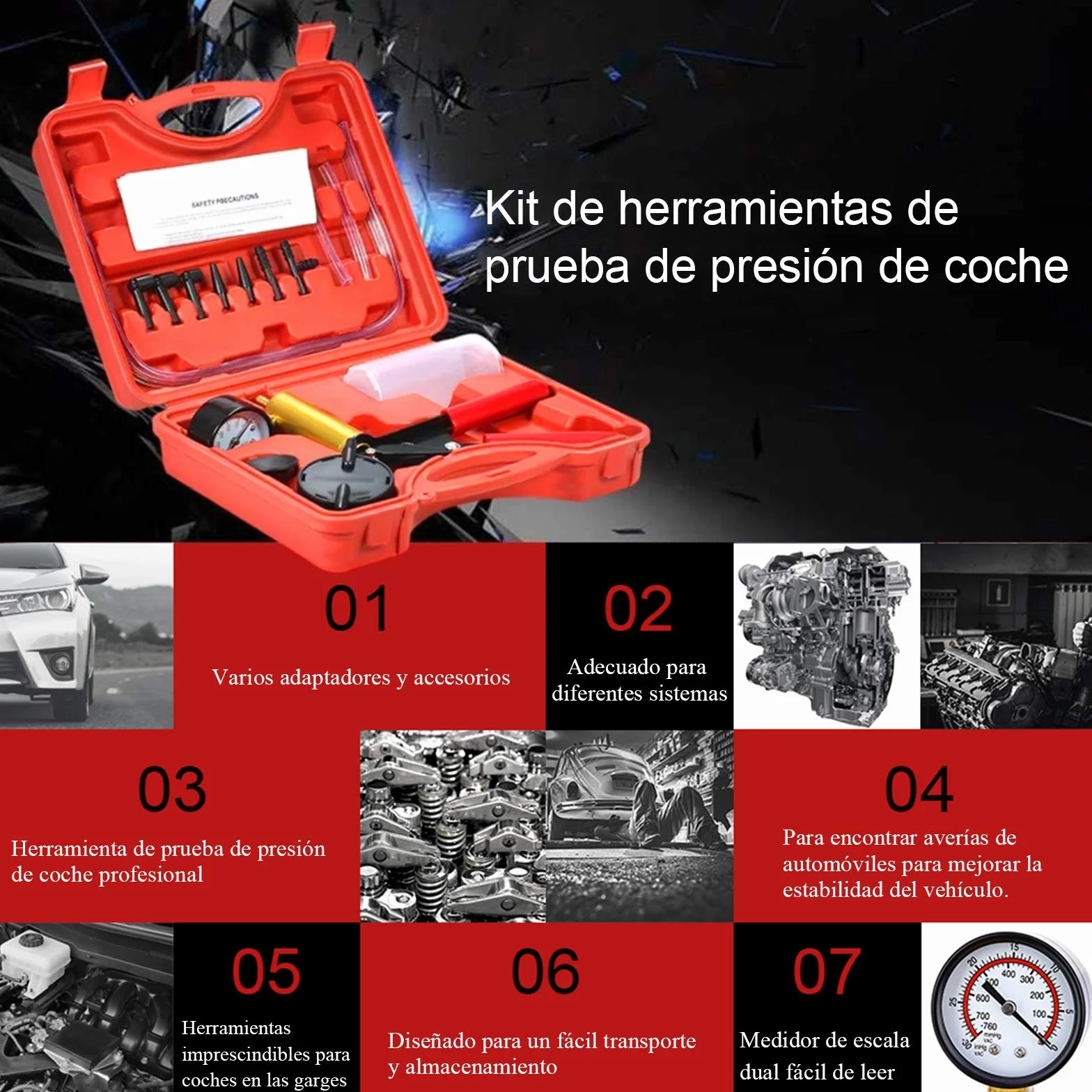 Equipo de Purga de Frenos de Freno de probador de Bomba de vacío con medidor de vacío, Adaptador para Diagnóstico de Motocicleta Coche Moto