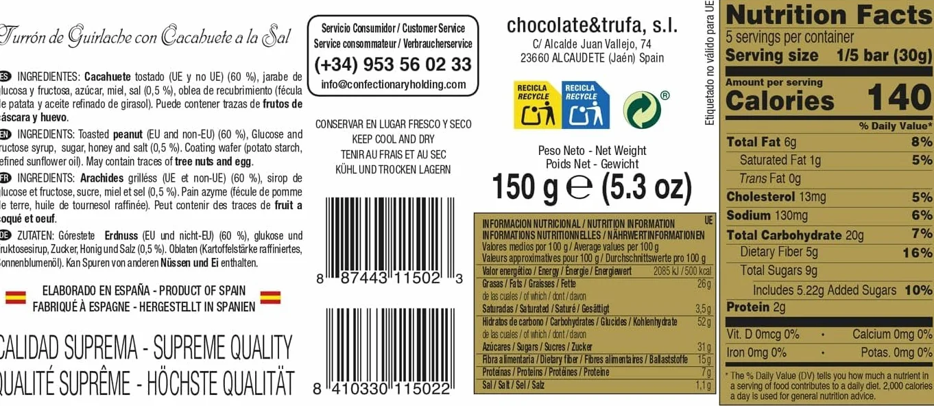 DOÑA JIMENA Turrón Guirlache de Cacahuete 150g Miel y Sal Sin Glúten