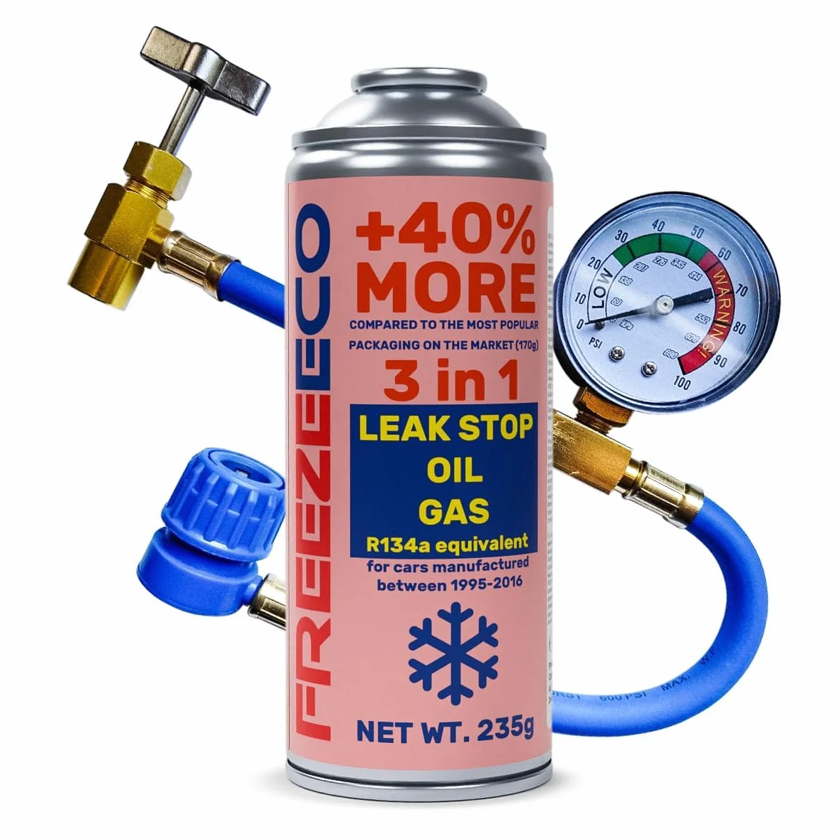 Kit Recarga Aire Acondicionado Coche - Gas Refrigerante R134a Sustituto 3 en 1 con Tapa Fugas y Aceite 235g - Incluye Manguera con manómetro de Baja Presión - Vehículos 1995-2016
