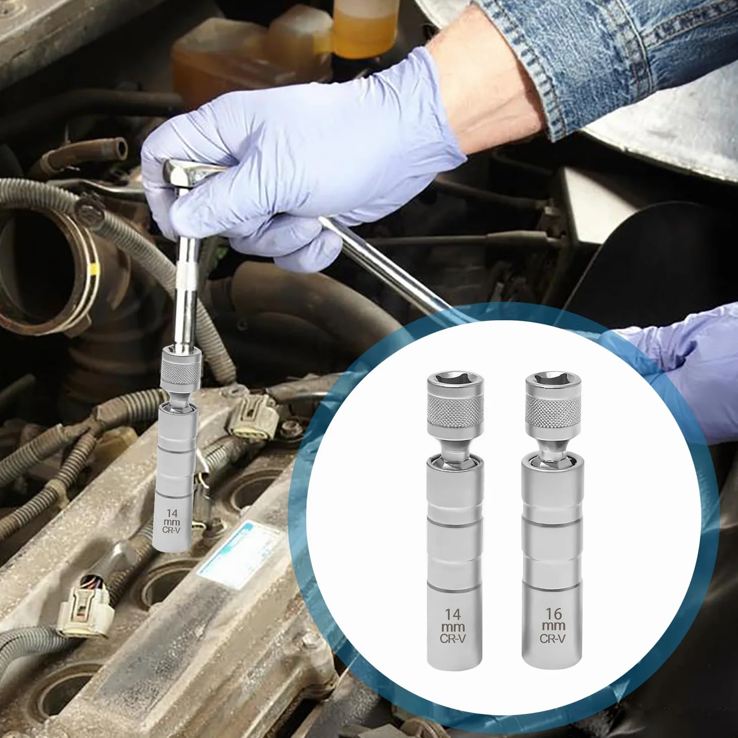 Llave Bujias 16/14mm, Llave de Bujía Magnética Universal 3/8 Pulgadas, 12 Puntos Llave Vaso Bujia, Extractor de Bujía, Herramientas de Extracción de Bujía 98mm