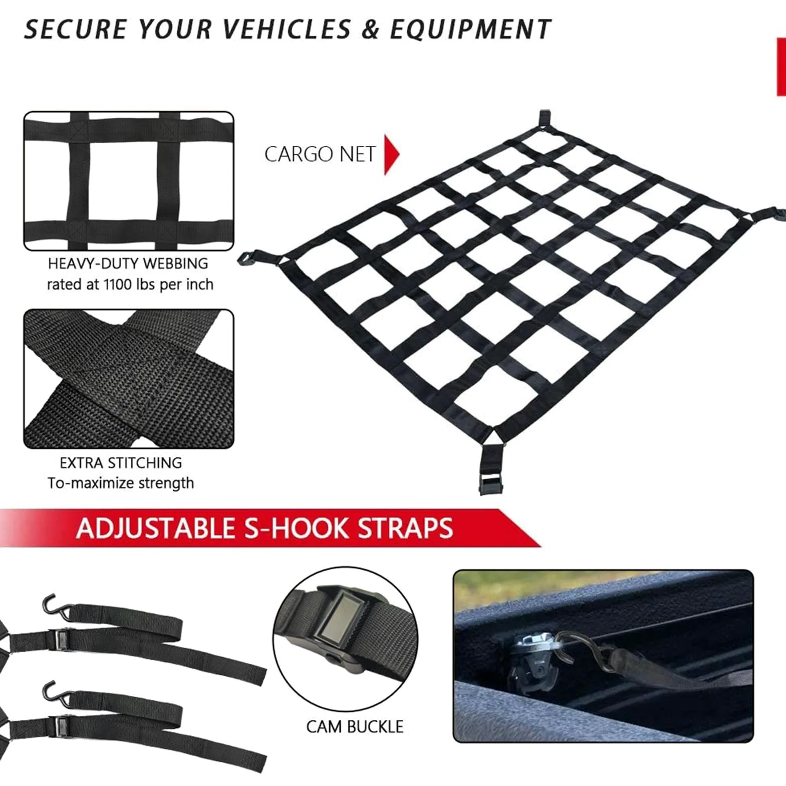 Red elástica para carga | Red de carga extensible y resistente – Red de | almacenamiento de maletero elástica ajustable con 4 cinturones fijos para SUV, coches y camiones