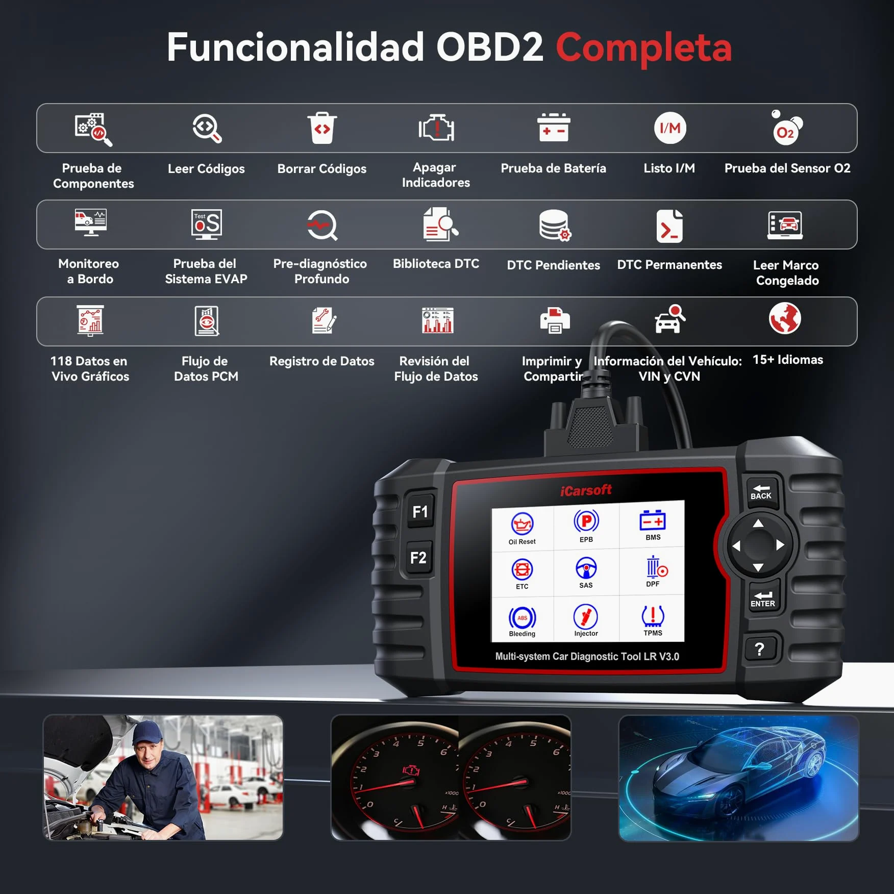 iCarsoft LR V3.0 OBD2 Máquina Diagnosis Coche para Land Rover/Jaguar, Bidireccional Escáner de Todo el Sistema, 37+ Funciones Reinicio, Prueba de Batería, Vin Automático, Actualizaciones de por Vida
