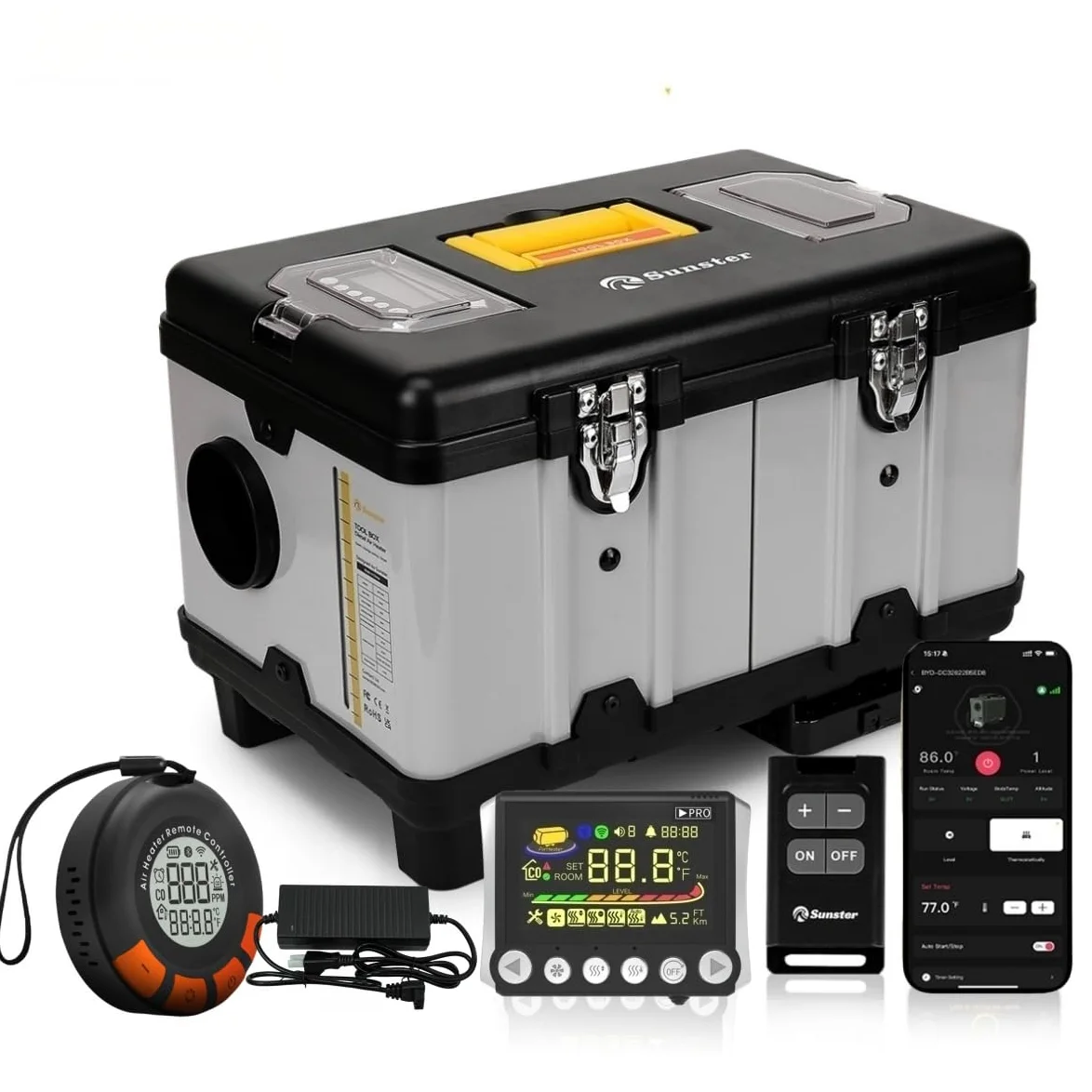 Sunster Calentador de aire diésel portátil, 8 kW, 110 – 240 V CA y 12/24 V CC TB10PRO Diesel calefactor de estacionamiento con aplicación Bluetooth y adaptador, modo plataforma de calefacción diésel