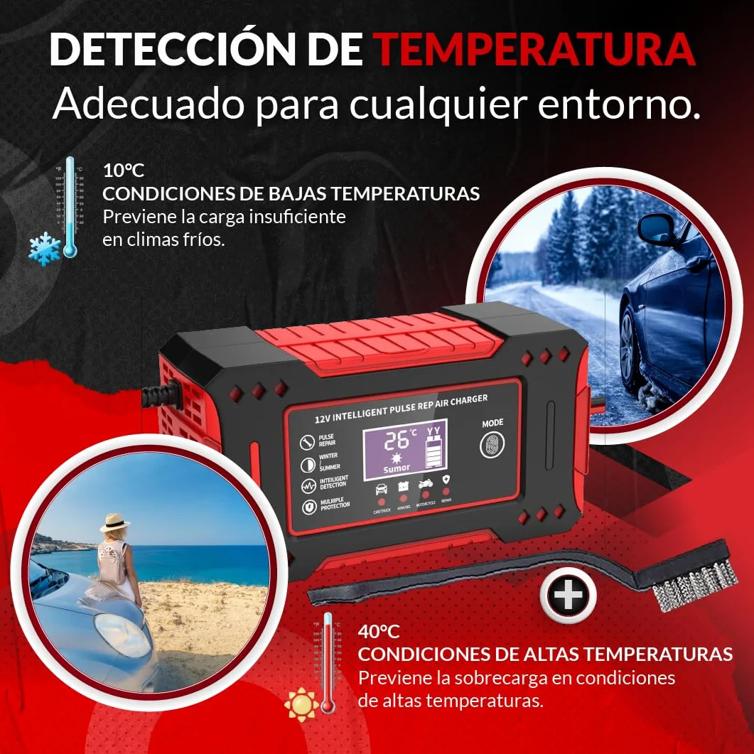 SweetSolutions© Cargador Baterias Coche 12V6A | Cargador De Batería Coche con Función Inteligente | Reparación Automática | Pantalla LCD | Automóviles Moto Camión AGM Gel SLA