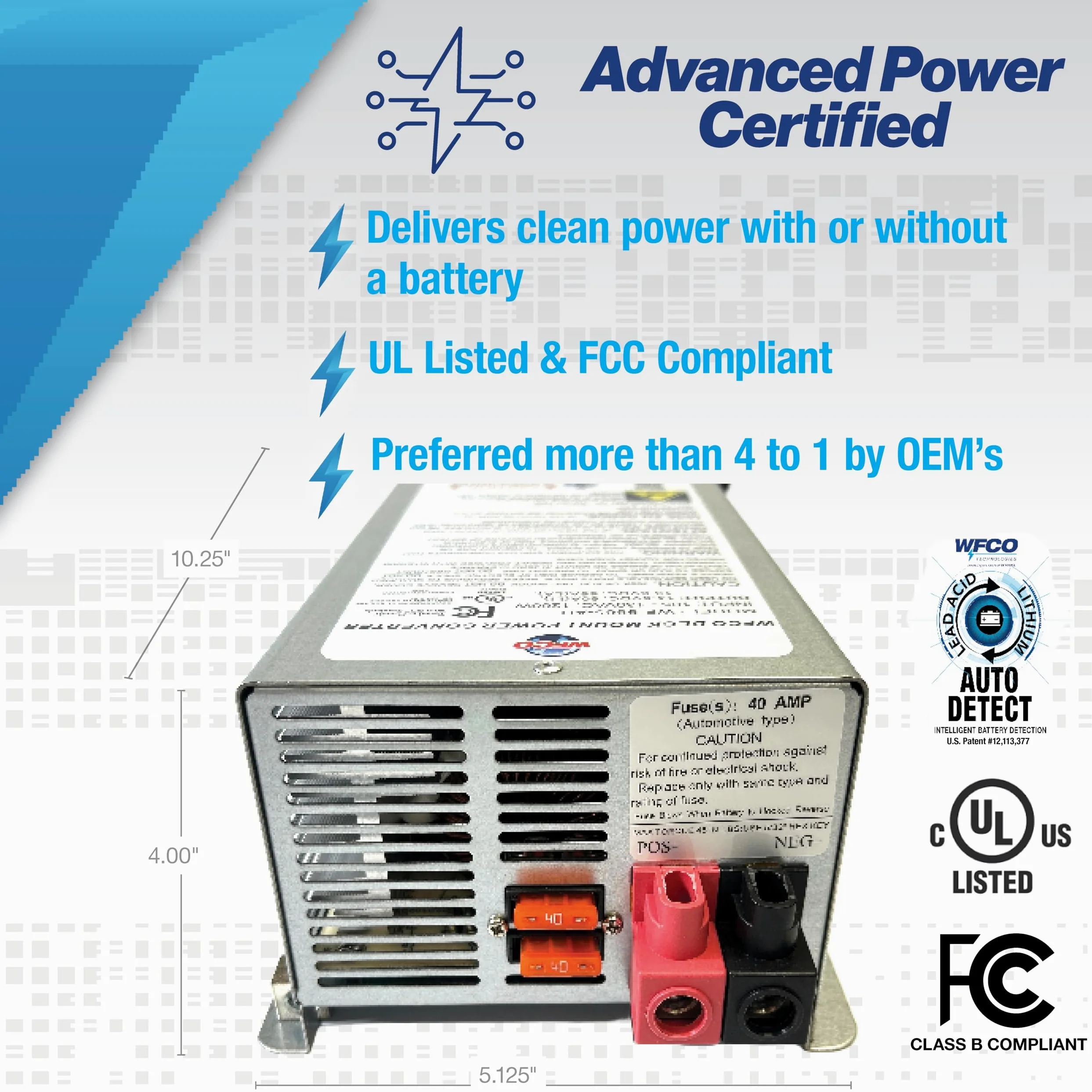 WFCO Arterra WF-9865-AD-CB Convertidor/Cargador - Montaje en Cubierta - Salida CC de 65 amperios (Cable de alimentación de CA de 20 amperios), Gris