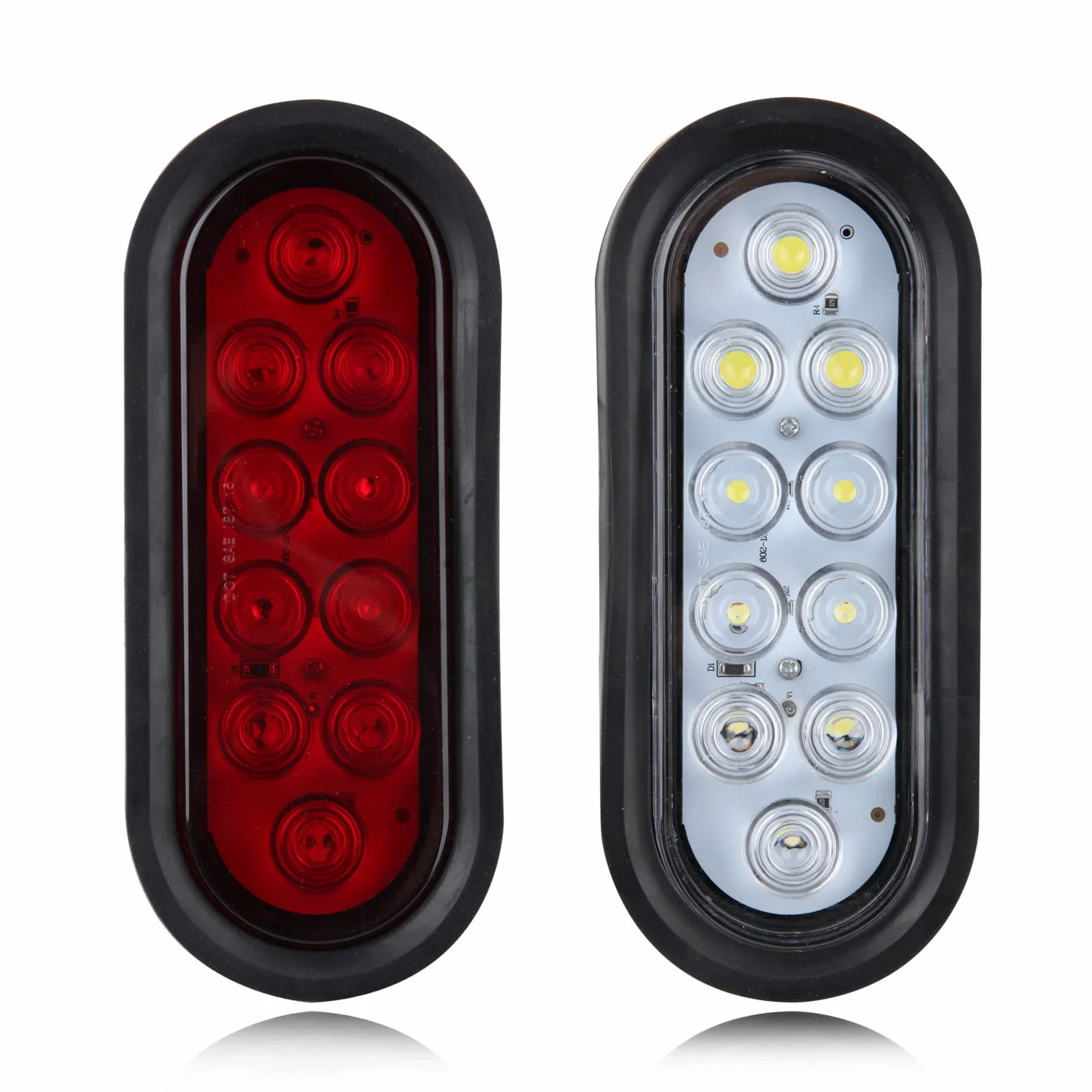 6 luces traseras LED ovaladas de 6 pulgadas, 10 LED, 4 rojas y 2 blancas de 6 pulgadas, luces traseras ovaladas de freno y marcha atrás, luces de remolque con ojales de montaje empotrado,