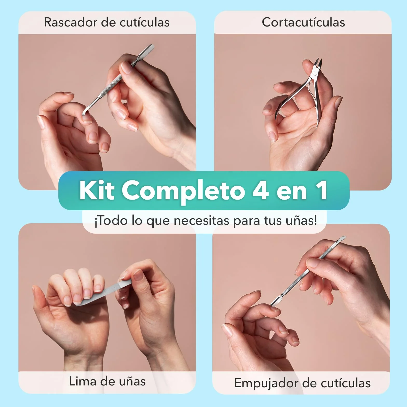 Set Manicura y Pedicura Profesional 4 en 1 – Cortacutículas, Lima de Uñas y 2 Empujadores de Cutículas de Acero Inoxidable – Kit Corta Uñas Adulto, Removedor de Cutículas, Ideal para Viaje