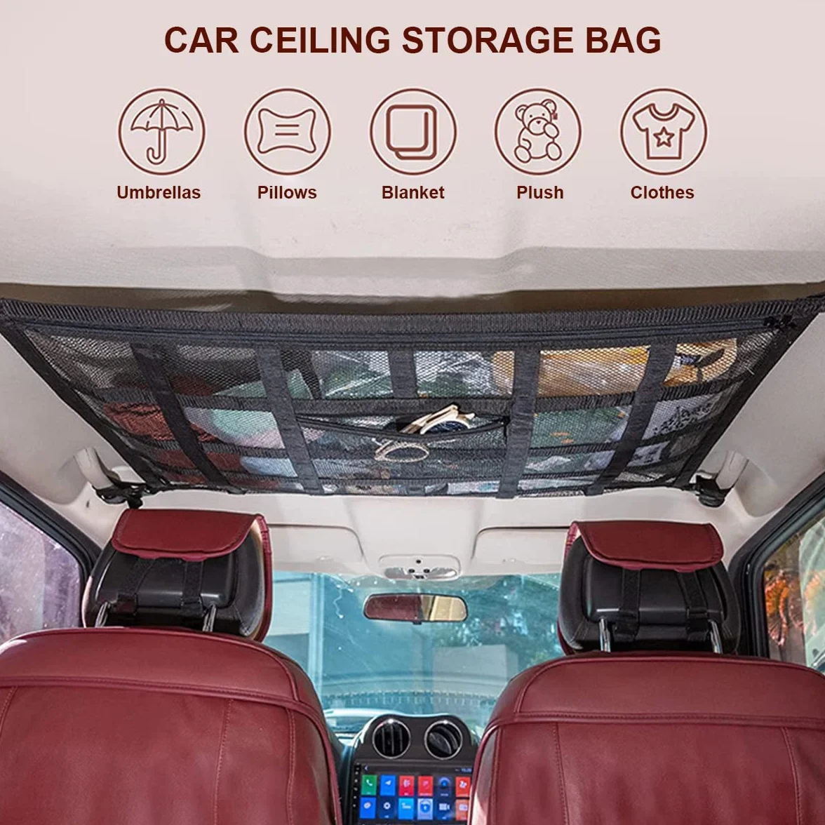Red Almacenamiento Universal para Techo de Coche, Furgoneta Camper, Organizador de Cargo de Almacenaje, Poliéster, Negro (25,5 * 35,5in)