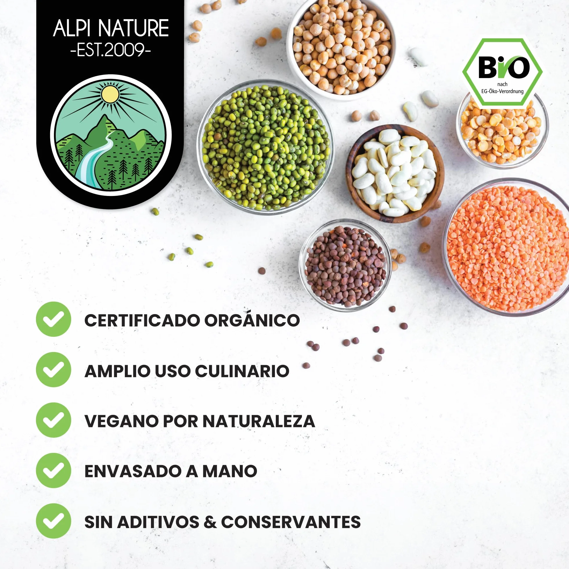 Alpi Nature Frijoles Mungo Orgánicos 500g, Frijoles Verdes Enteros sin Gluten
