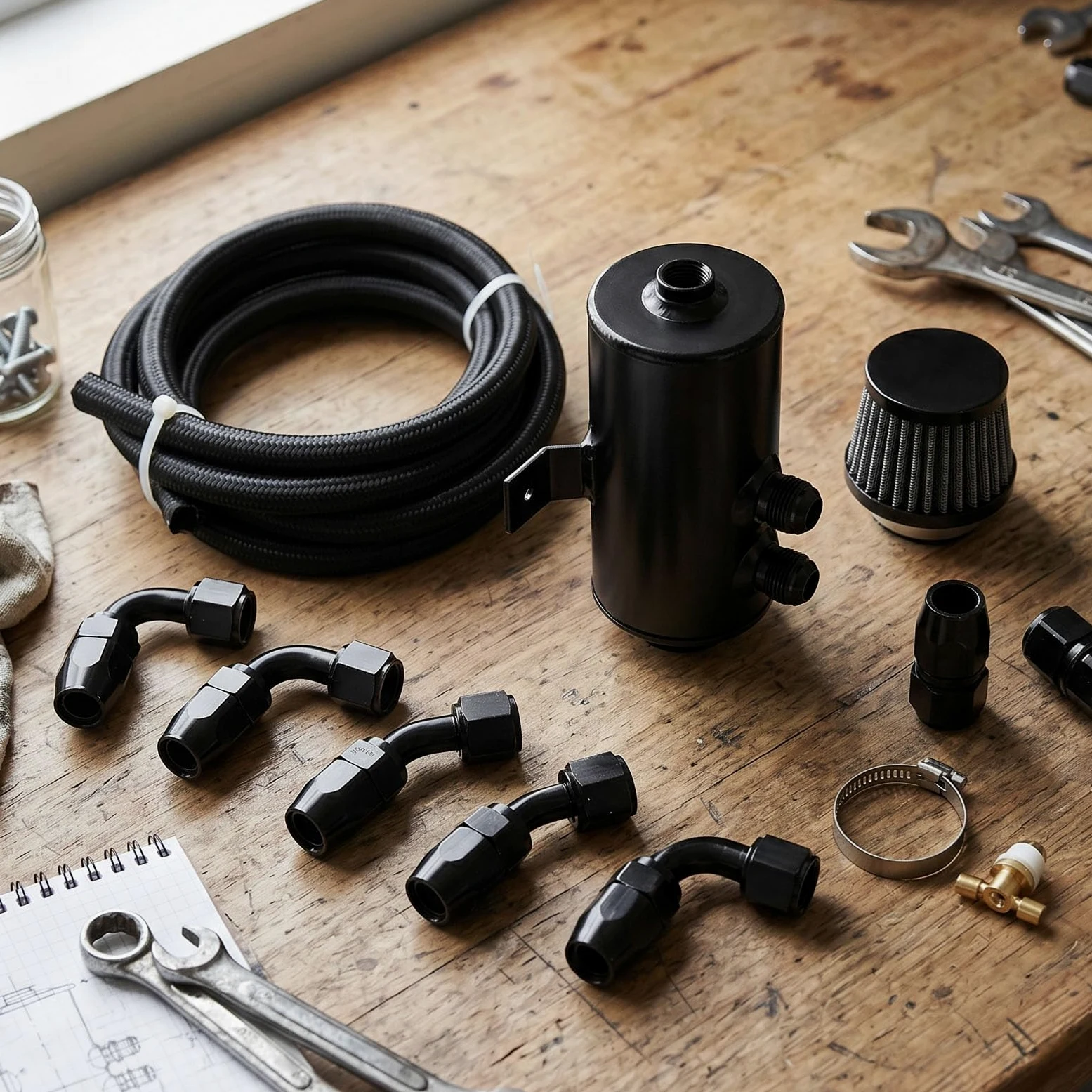 Kit de Colector de Aceite, Tanque de Respiro Reutilizable y Kit de Conexiones de Manguera de AN10, para Modificación de Automóviles (BLACK)