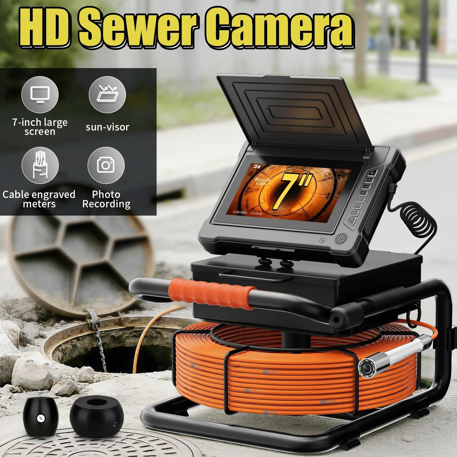 Detector De Drenajes,Borescope,Cámara De Tuberías,Pantalla AHD 7"30M | Cable Con Marcas Métricas,Sonda Autoequilibrada 18mm,1080P HD,8 Lámparas LED Blancas,Tarjeta 32G,Inspeccion Cavidades Paredes
