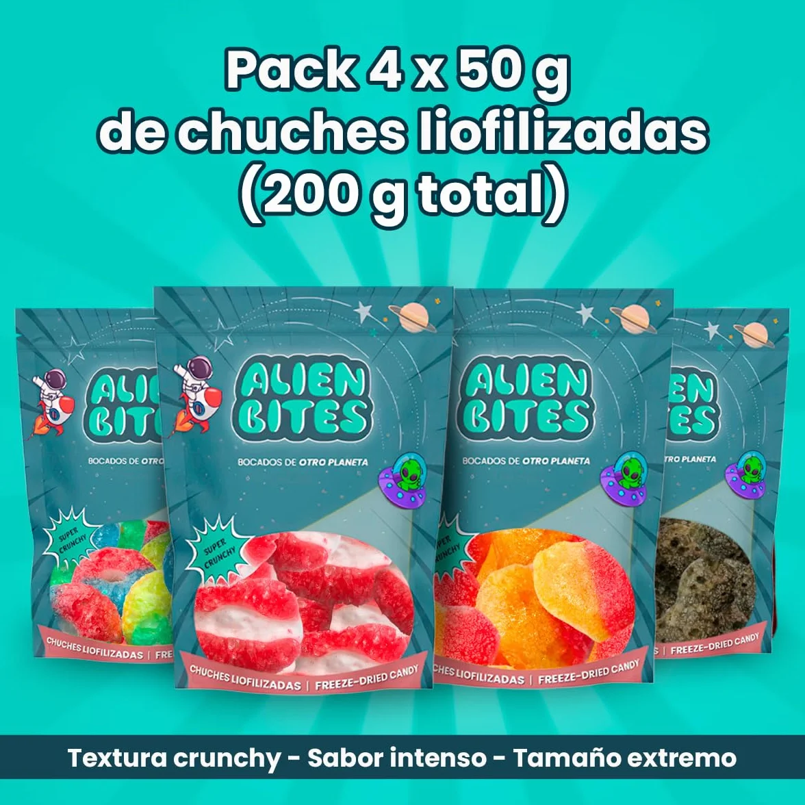Alien Bites Pack de 4 Bolsas de 50g Chuches Liofilizadas Gominolas Freeze Dried Sin gluten