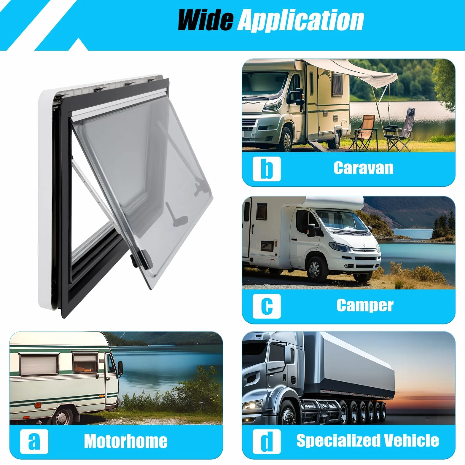 Ventana para autocaravana ACROSSPART con certificación ECE 43R, ventana abatible para camper con persiana integrada y mosquitera, ventana abatible de 70° para autocaravanas, caravanas, furgonetas (90