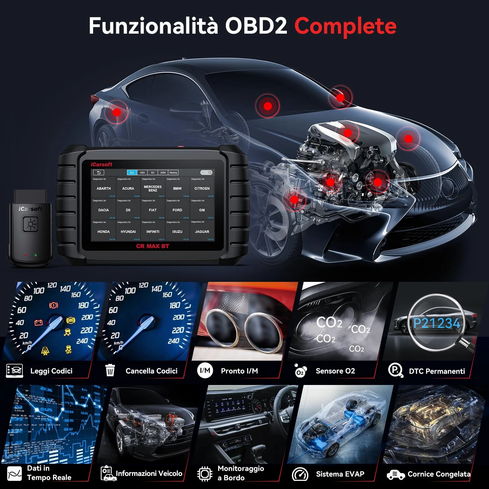 iCarsoft CR MAX BT OBD2 Máquina Diagnosis Coche Multimarca, Escáner de Todo el Sistema, 49 Funciones Reinicio+46 Servicios Adicionales, 40000+ Pruebas Activas, Codificación ECU, Vin Automático, CANFD
