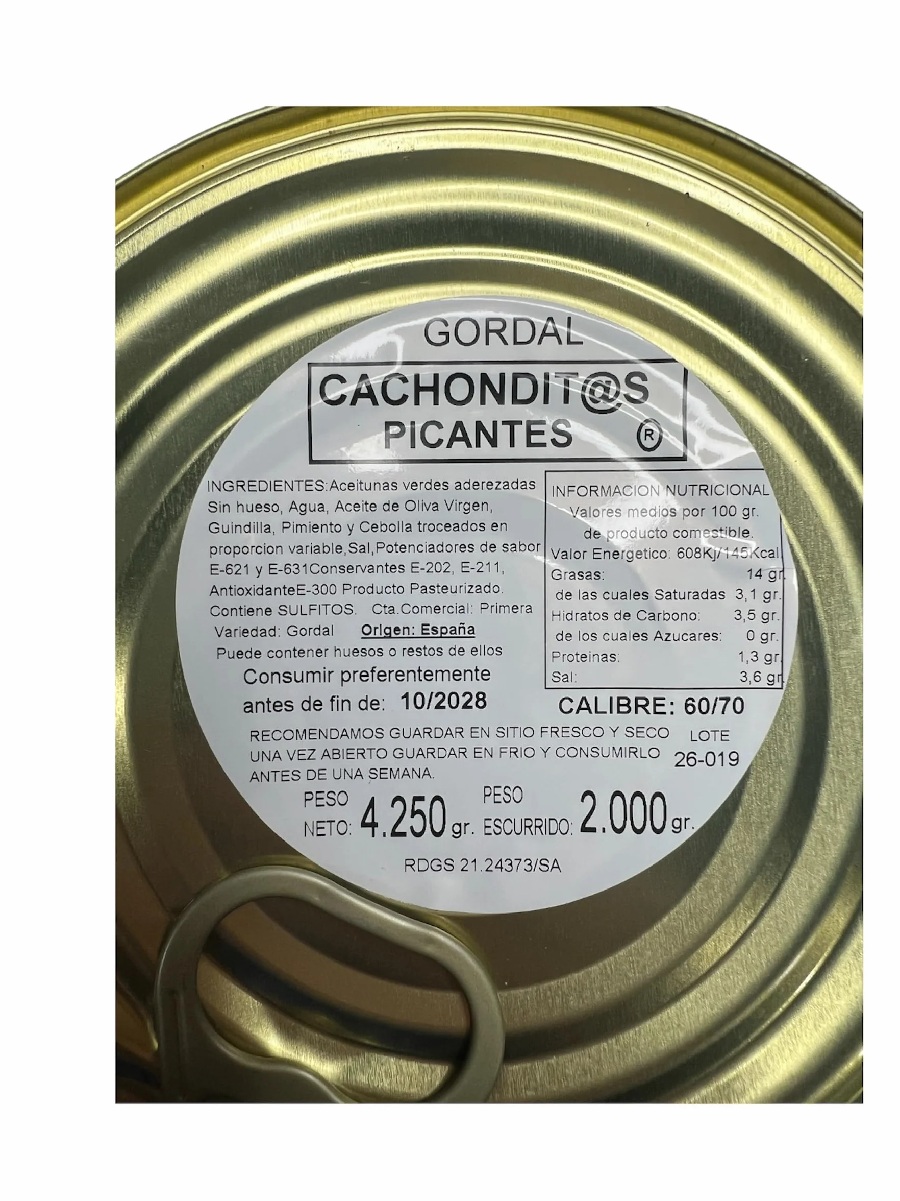 Miroliva Aceitunas Gordal Picantes Las Cachonditas XXL Lata 4,25 kg Peso Escurrido 2 kg Aperitivo Gourmet Pack 1 Lata