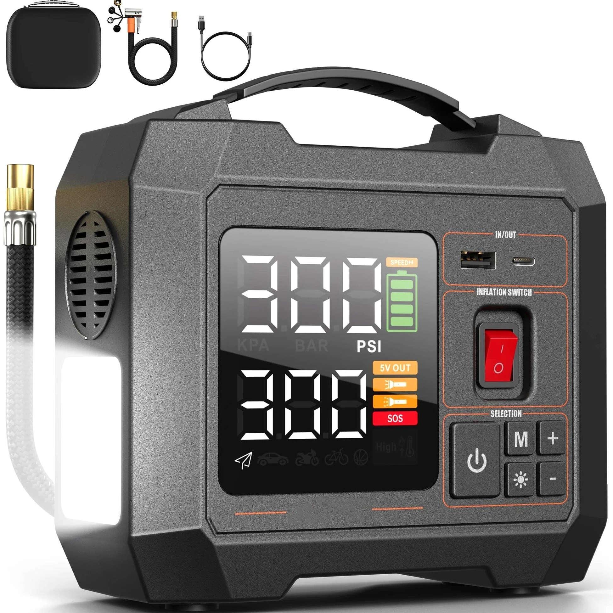 Inflador de neumáticos de coche, 300 PSI compresor de aire portátil, con pantalla digital y luz LED, adaptadores de boquilla, cable USB, para neumáticos de coche, bicicletas, botes de ramas