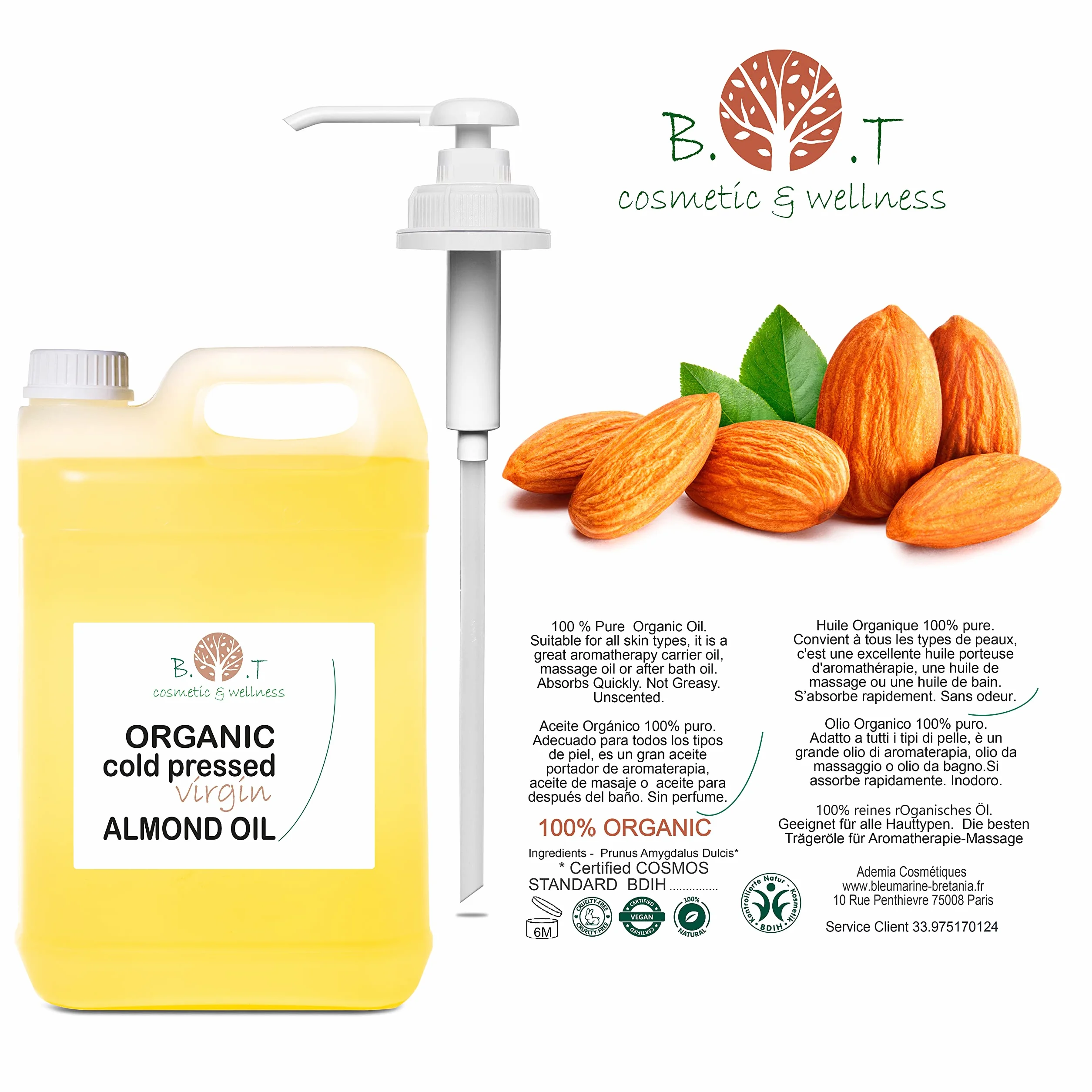 Aceite de Almendras Orgánico Prensado en Frío Puro 5000 ml para Masaje Cabello Pestañas Hidratante Corporal