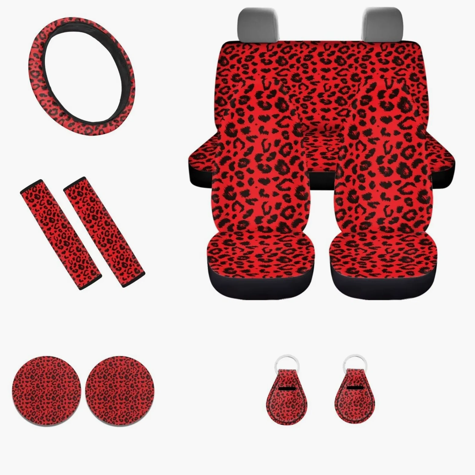 POLERO Juego de fundas para asiento de coche y accesorios con estampado de leopardo rojo, 11 piezas, funda para volante con estampado animal de guepardo rojo, almohadillas para cinturón de seguridad