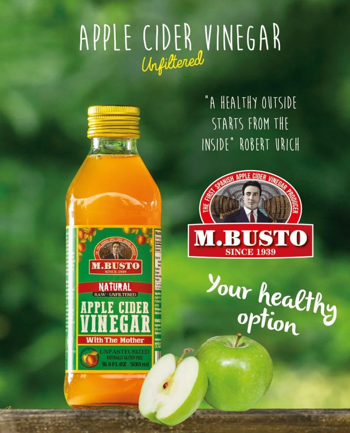M Busto Vinagre de Sidra Ecológico Sin Pasteurizar Sin Filtrar Sin Gluten 2 x 500 ml