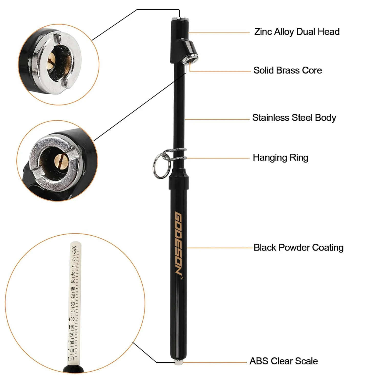 GODESON Medidor de presión de neumáticos de doble cabeza, medidor de neumáticos de alta resistencia, rango de 10 a 150 psi, doble cabeza para camión medidor de presión de aire (paquete de 12)