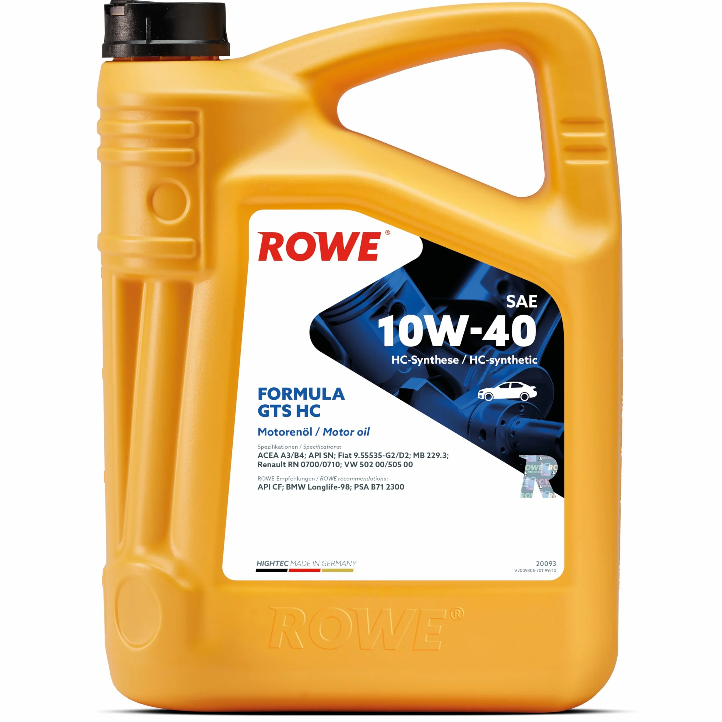 ROWE Aceite de motor 10W-40 Formula GTS HC ACEA A3/B4 API CF API SN 5L Compatible con VW Polo V Hatchback 6R1, 6C1 up! Hatchback 121, 122, BL1, BL2, BL3, 123 Golf 7 Hatchback 5G1, BQ1, BE1, BE2 | Aceite de motor suave para motores de gasolina y diésel sin