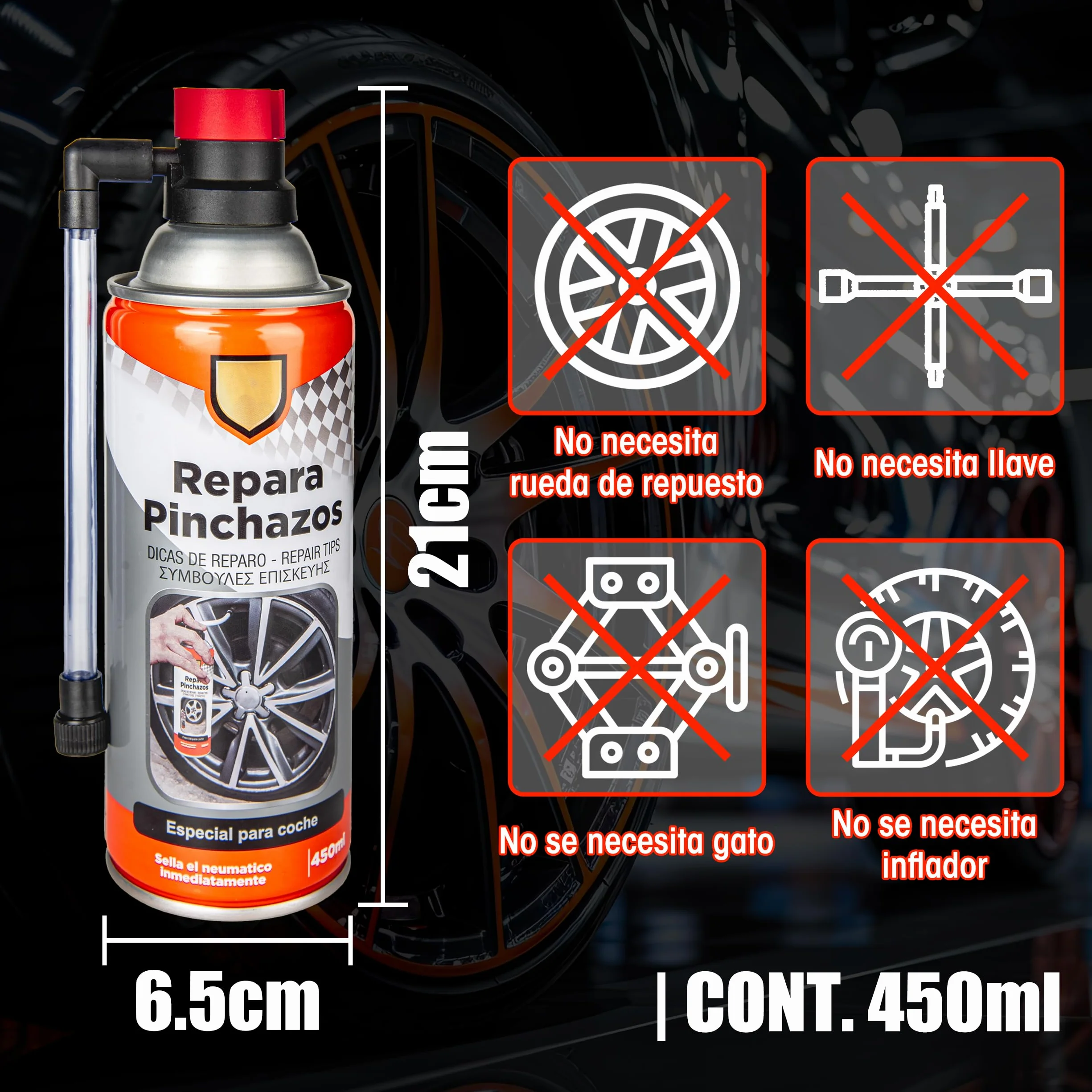 Kit Repara Pinchazos Especial para Coche 450ml Sella el Neumatico Inmediatamente - Sellador Emergencia para Reparar Ruedas (2)