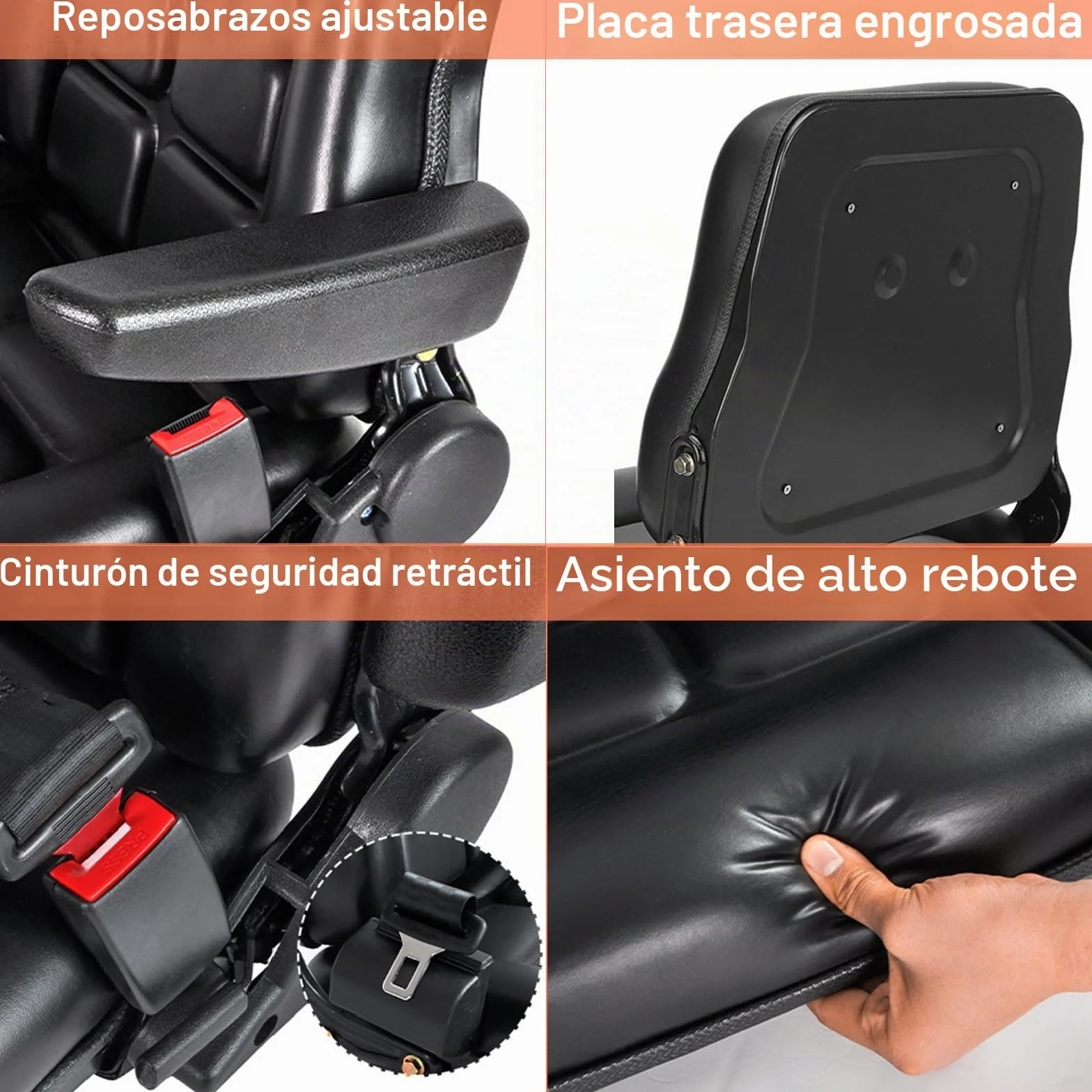 Asiento universal ajustable para carretilla elevadora con cinturón de seguridad y reposabrazos, respaldo y riel deslizante, asiento impermeable de PVC, para tractor