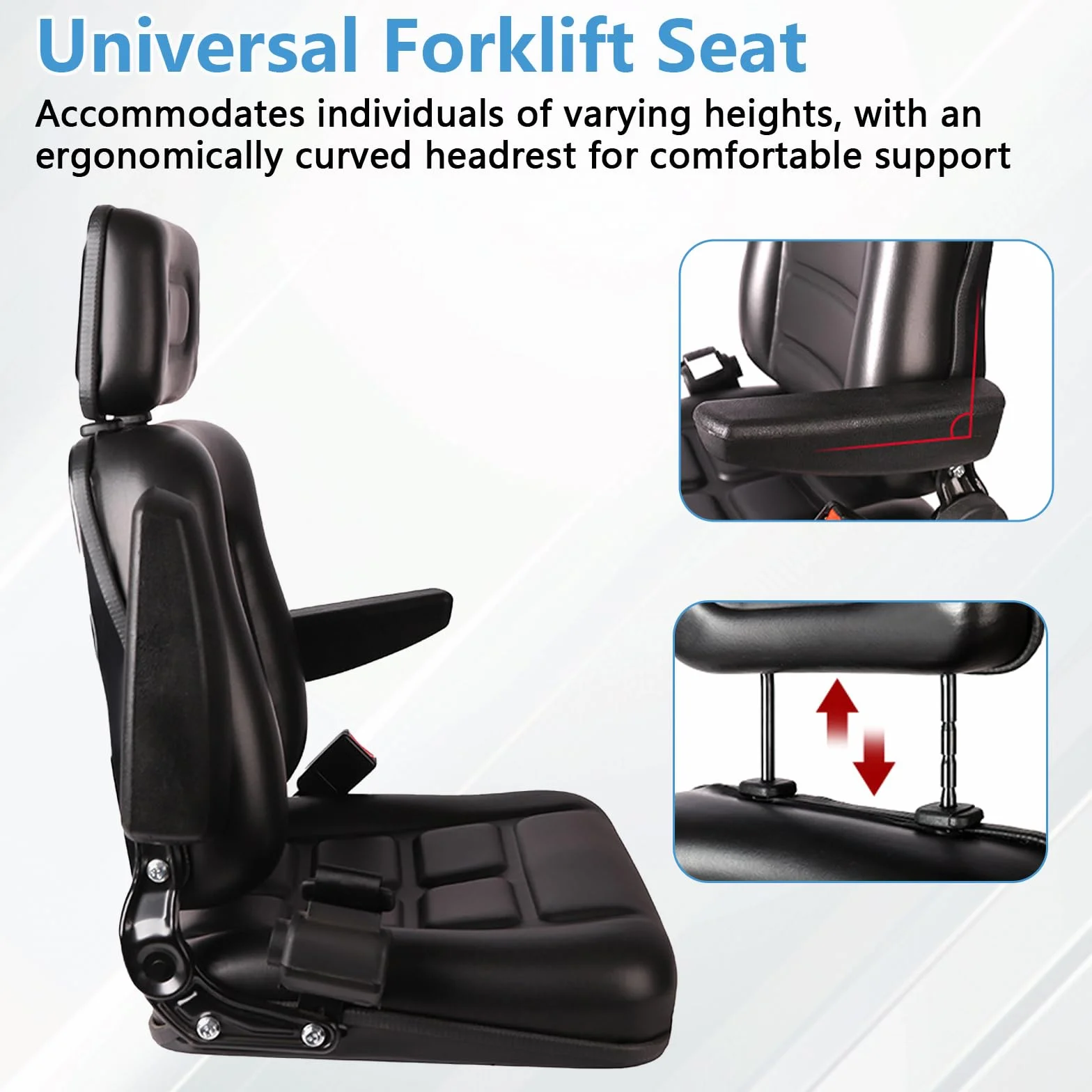 Asiento universal para tractor, asiento plegable para carretilla elevadora con respaldo ajustable y cinturón de seguridad, reposacabezas ajustable en 3 posiciones, reposabrazos plegables y rieles