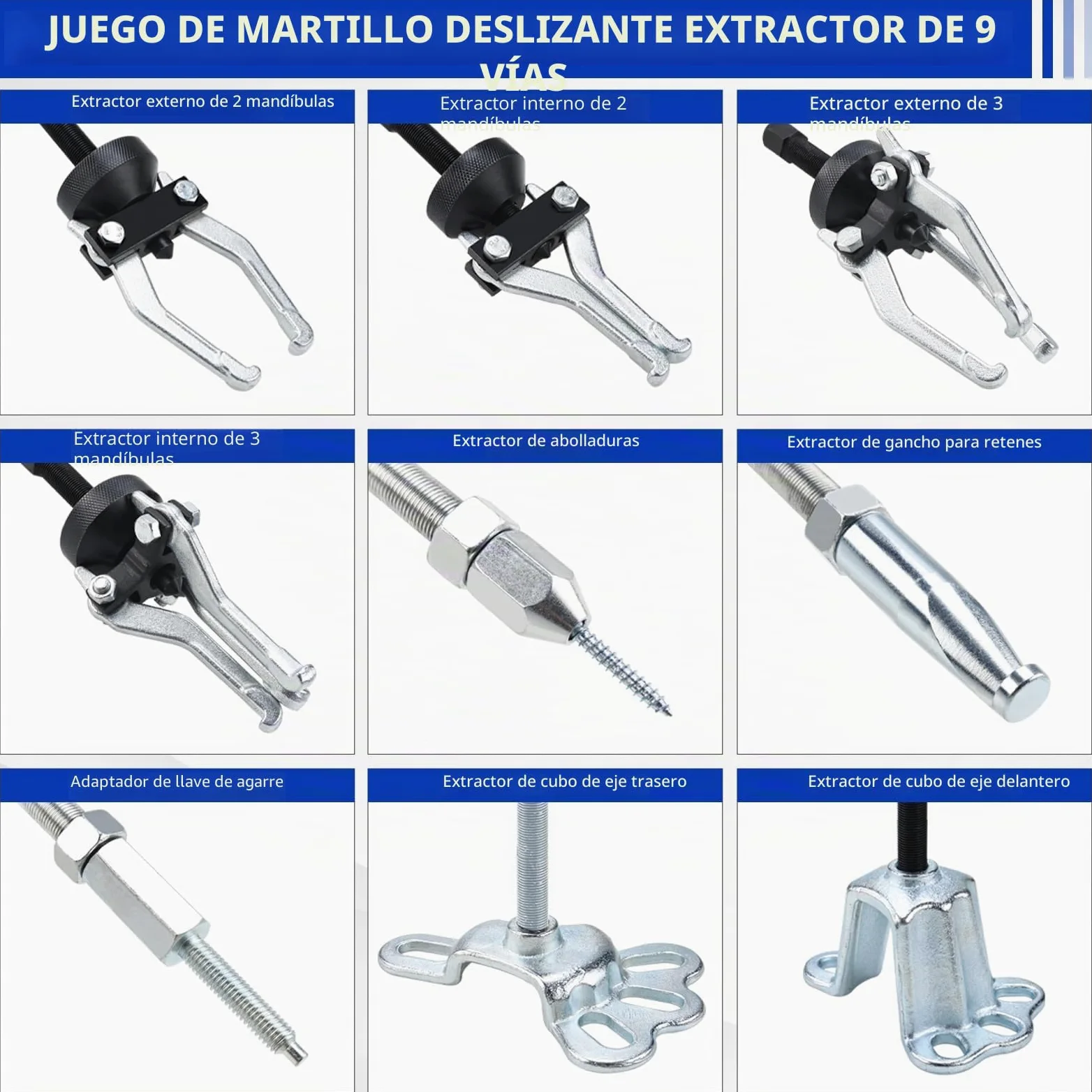 FreeTec 9 en 1 Extractor de Martillo Inercia, Extractor Bujes y Rodamientos con Martillo Deslizante, 2 Tams. Extractores Buje, 3 Garras Extractores Rodamientos Internos, Extracción Abolladuras Coche