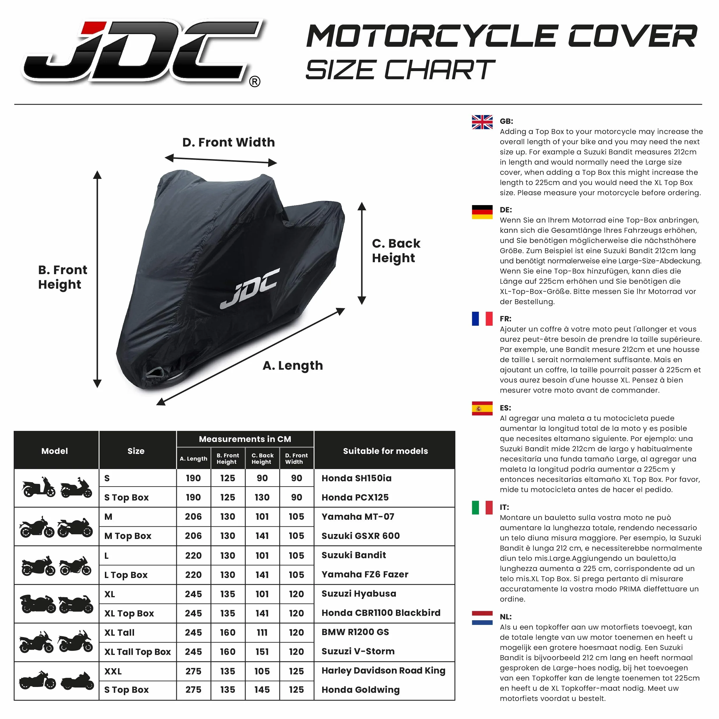 JDC Cubierta Impermeable De La Motocicleta - Negro - Rain - XL Tall Baúl