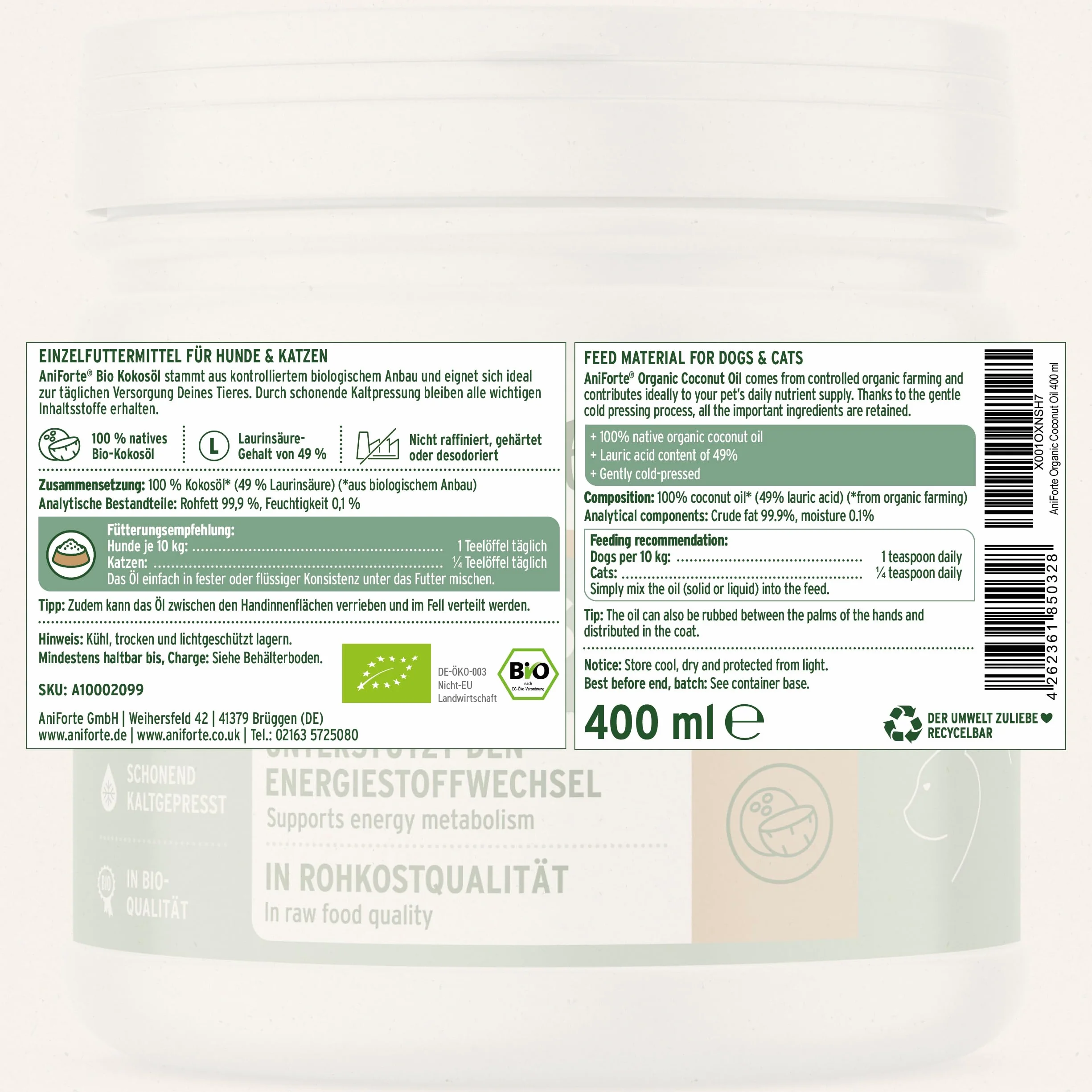 AniForte Aceite de coco orgánico para perros y gatos 400 ml