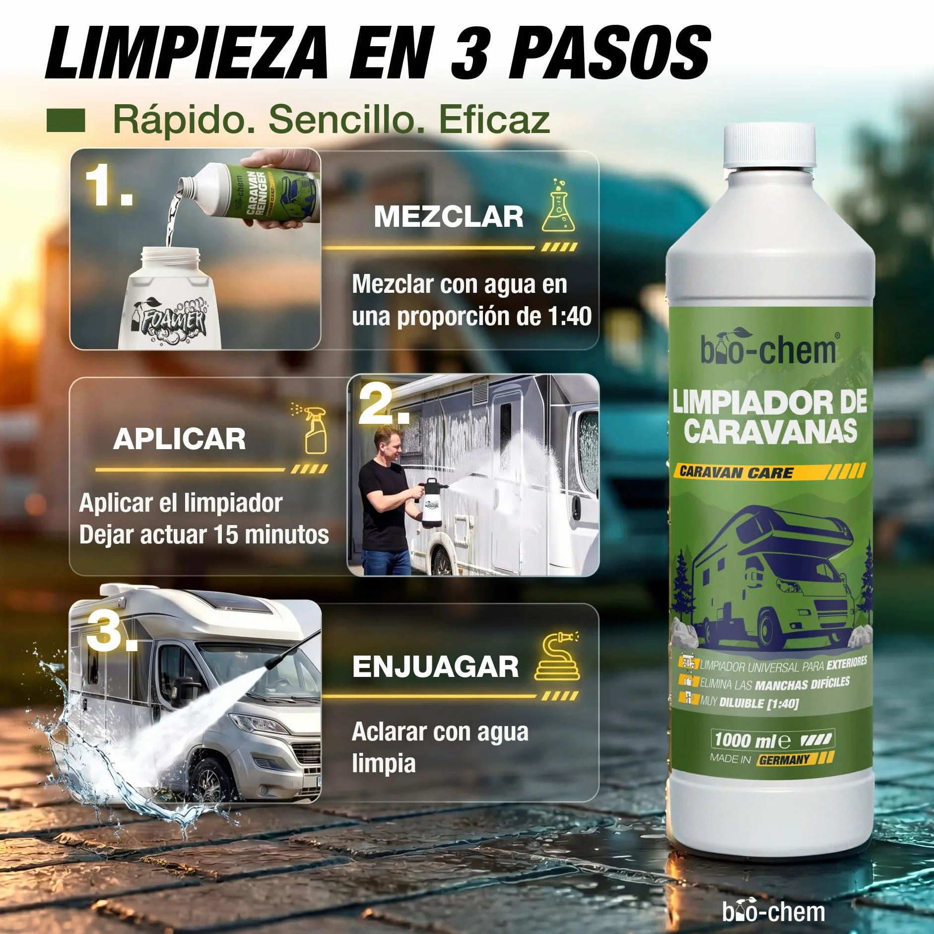 Bio-Chem - Producto de Limpieza para caravanas y autocaravanas 2L - Limpiador para autocaravanas, caravanas, toldos - Mantenimiento de vehículos de Camping