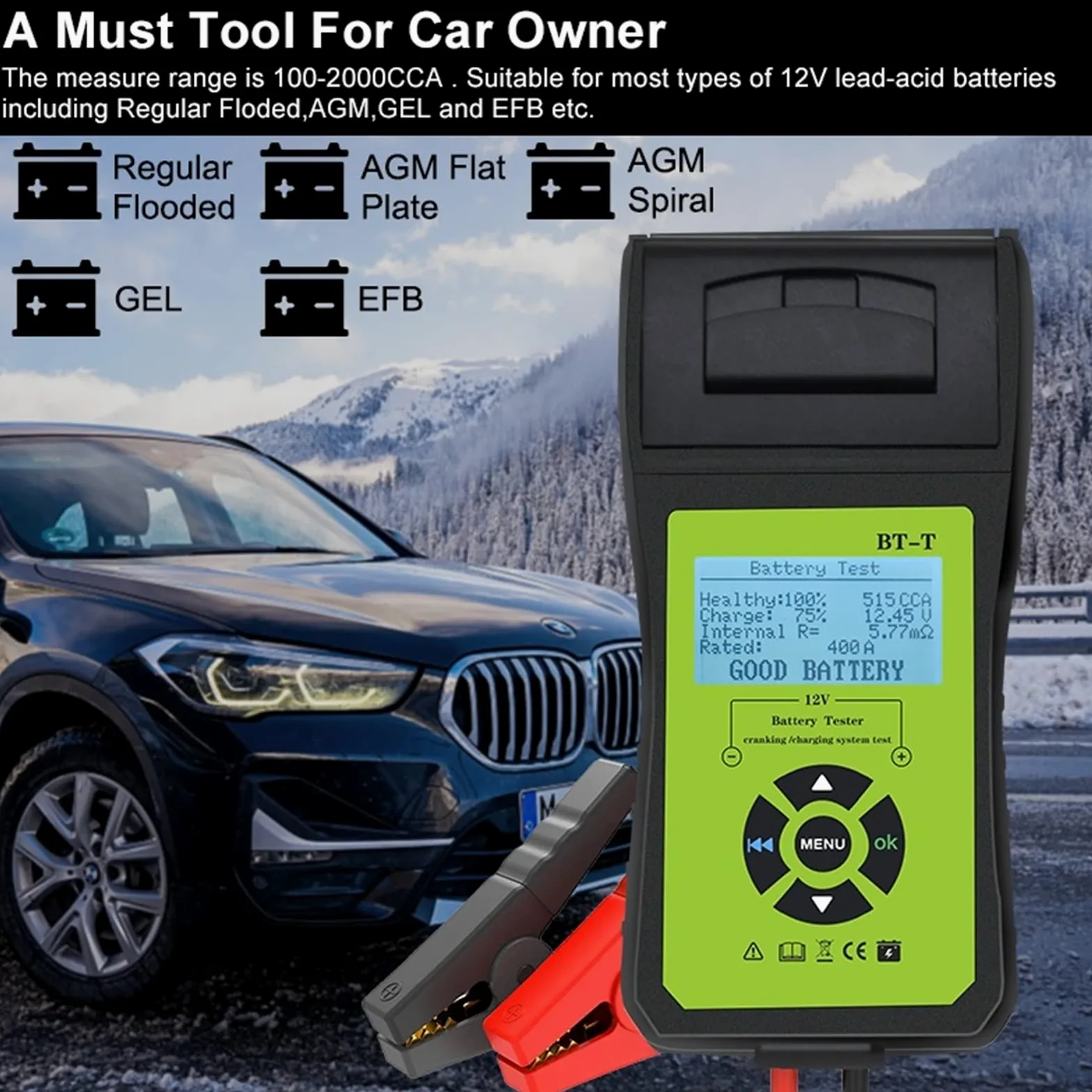 Comprobador de Baterias, Bt-t Analizador del sistema de batería de la batería del automóvil con la impresora Multilenguage Sistema de energía automotriz medidor de diagnóstico