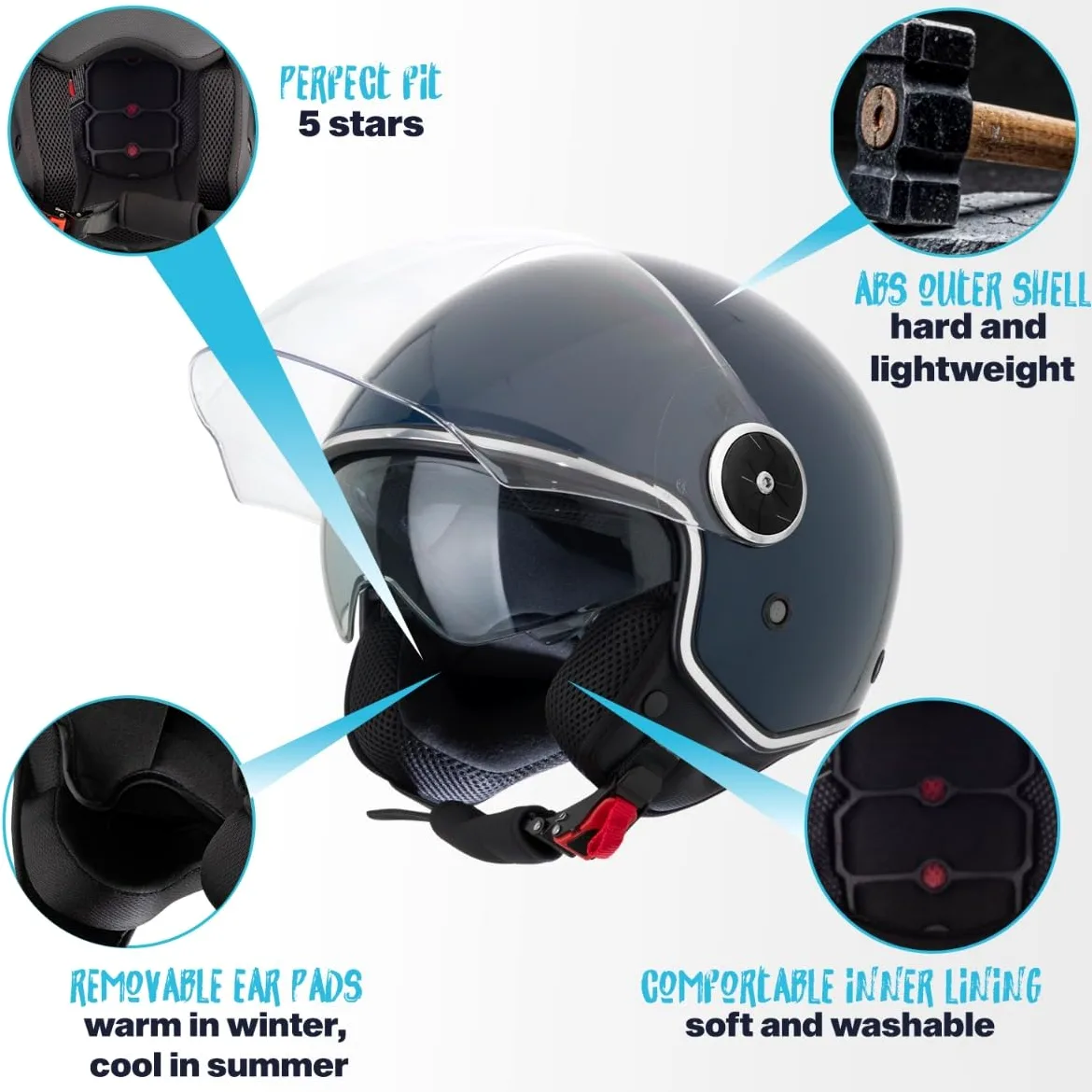 VINZ Tobia Casco Jet con Doble Visera | Casco Scooter & Moto & Ciclomotor | con Visera Solar | ECE 22.06 Homologado | En Tamaño XS - XXL | para Hombre y Mujer
