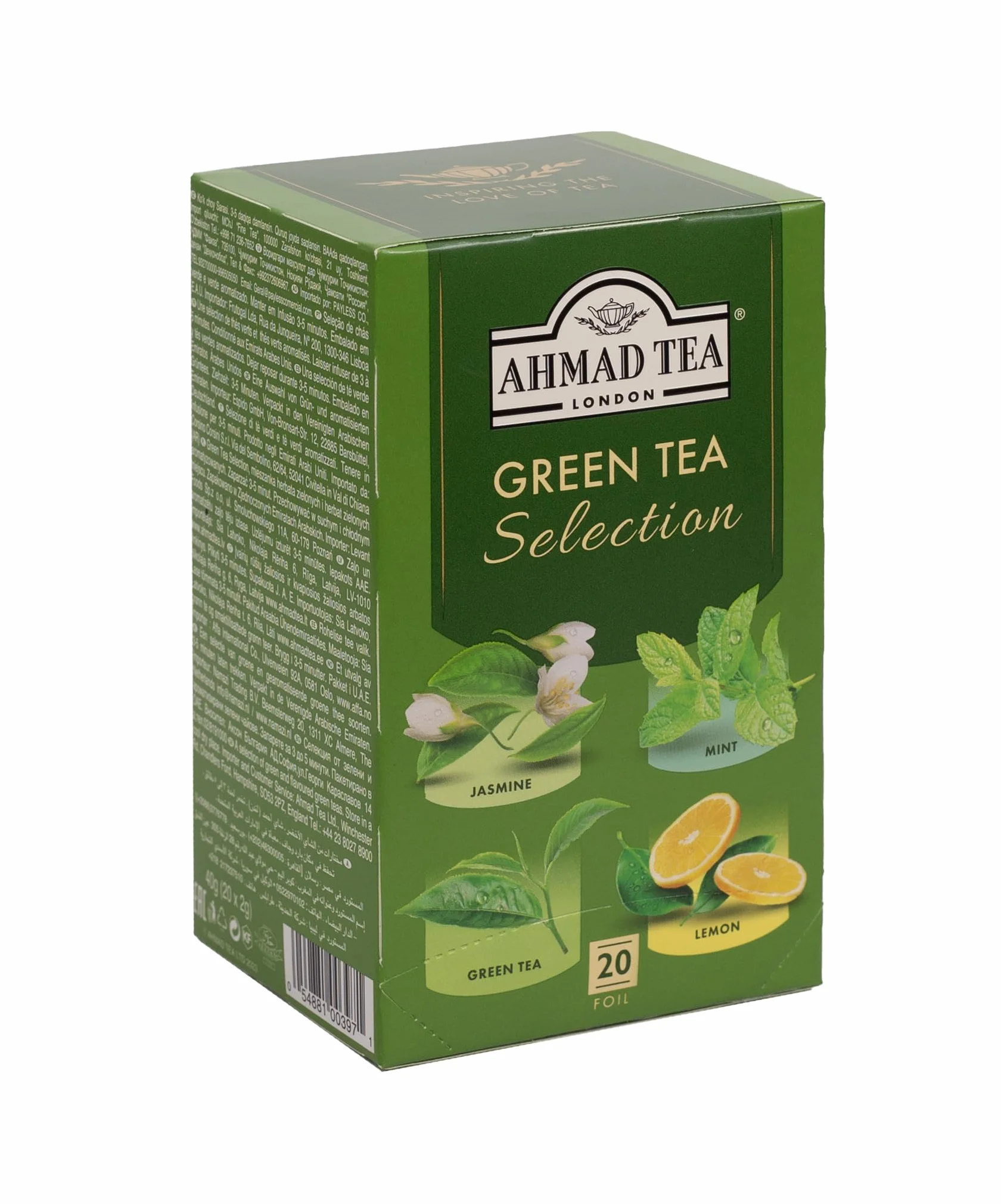 Ahmad Tea Green Tea Selection - Surtido de té verde - Clásico, jazmín, menta, limón - 20 bolsitas de té