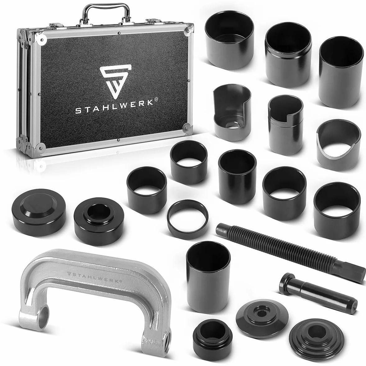STAHLWERK Extractor de articulación esférica, prensa de articulación esférica, prensa de rótula, extractor de rótula, kit de montaje de 21 piezas