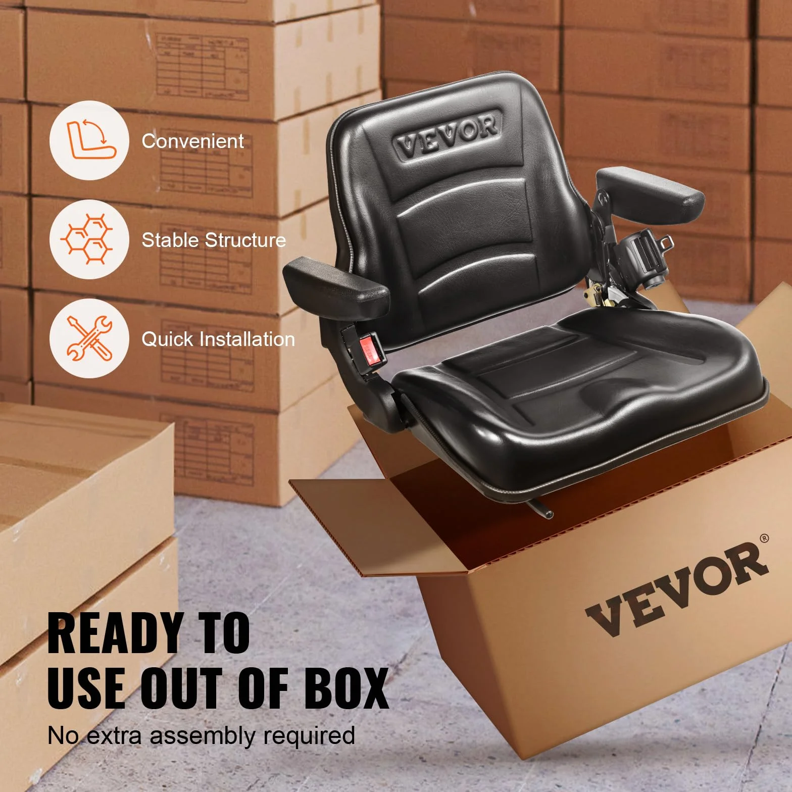 VEVOR Asiento de Carretilla Elevadora Universal Plegable Respaldo Ajustable Micro Interruptor Cinturón Seguridad Reposabrazos 160-340mm